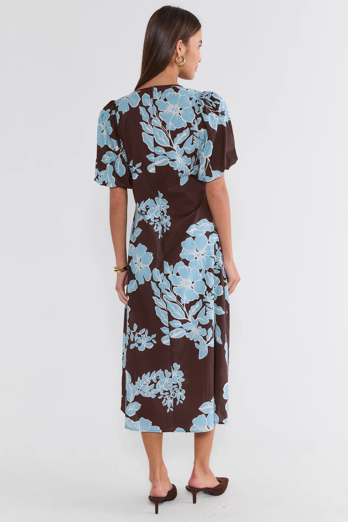 Brown Floral Pleated Detail Midi Dress
