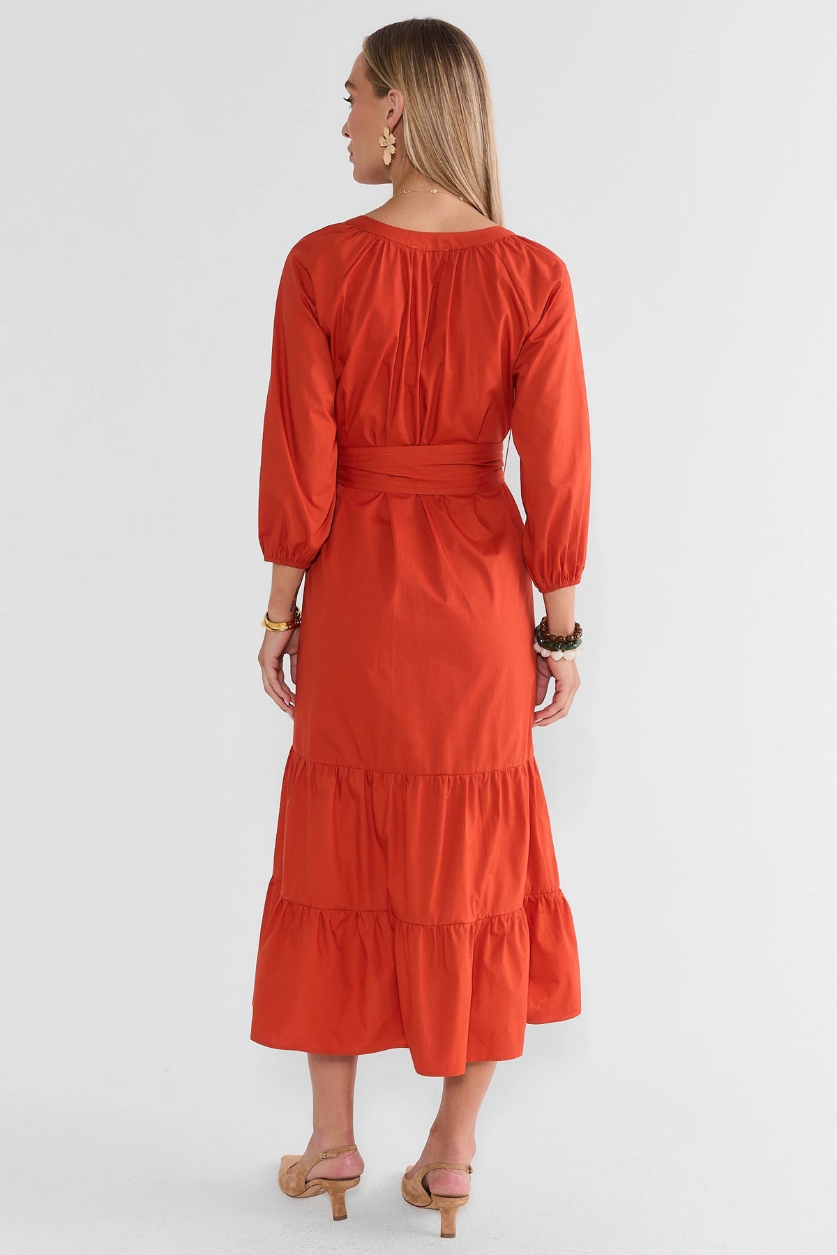 Rust Tiered Belted Mid Dress