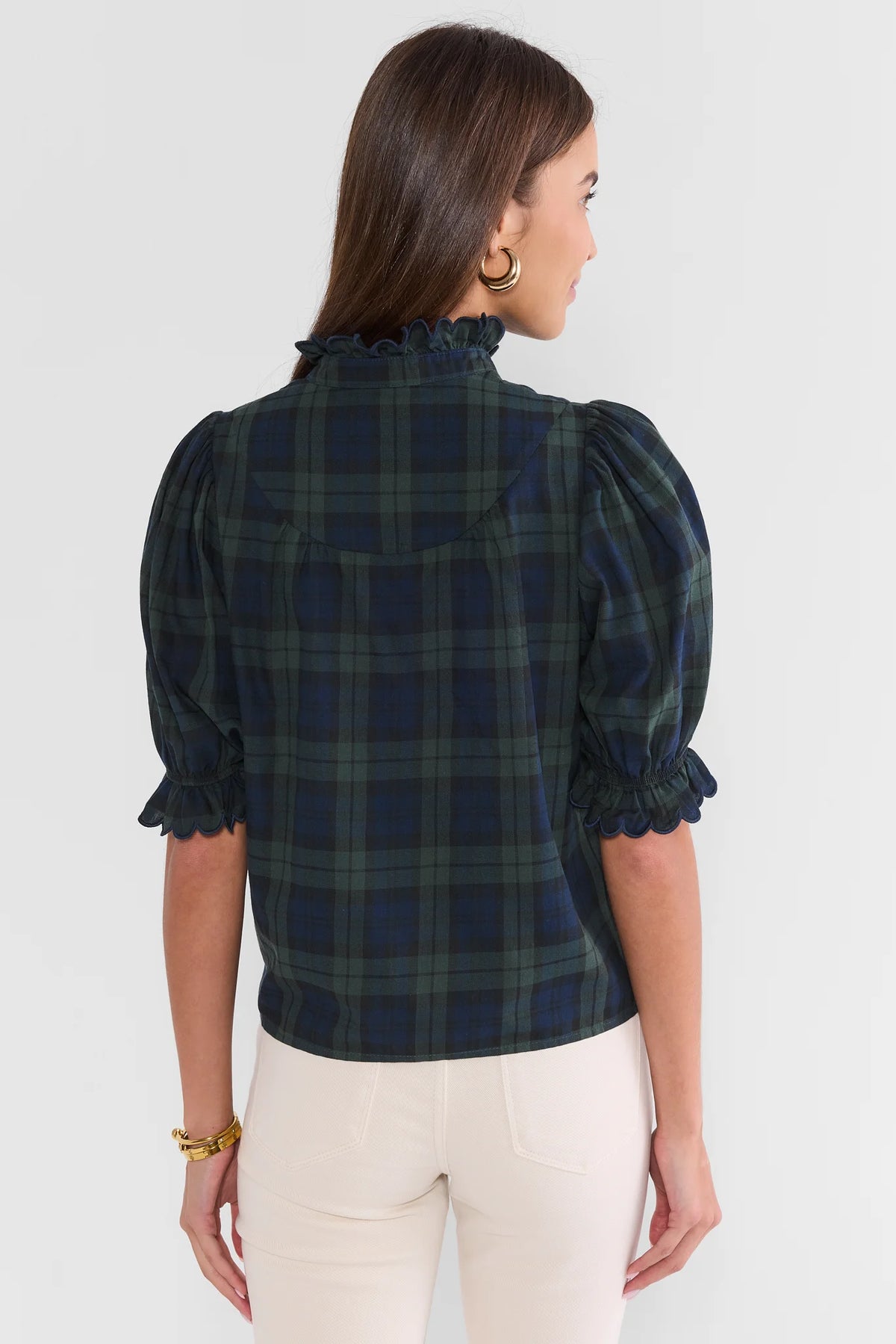 Hailey Navy Plaid Ruffle Trim Top