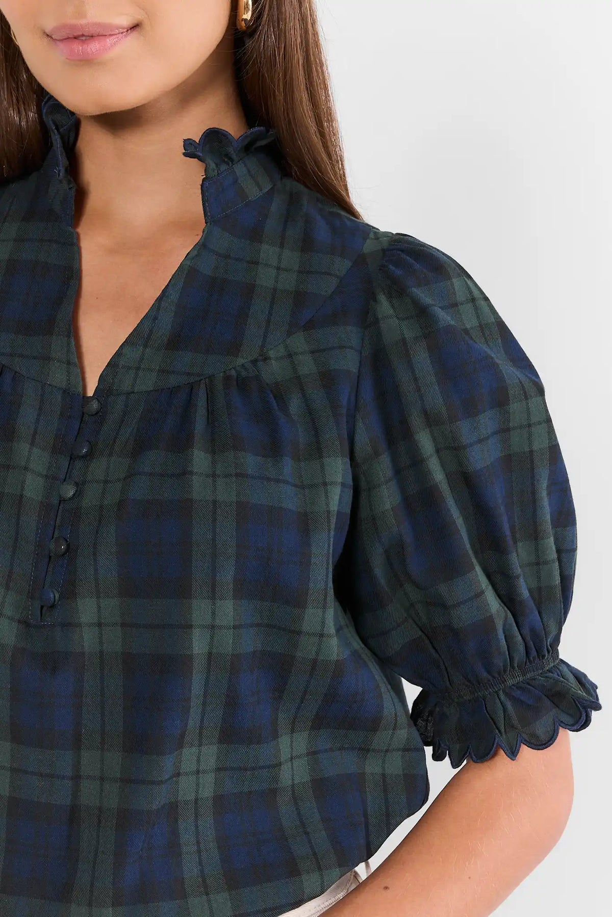 Hailey Navy Plaid Ruffle Trim Top