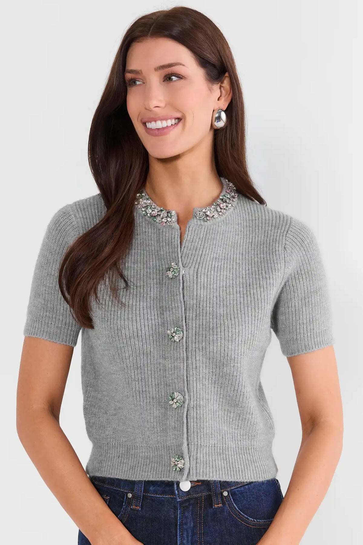 Grey Embellished Collar Cardigan Top