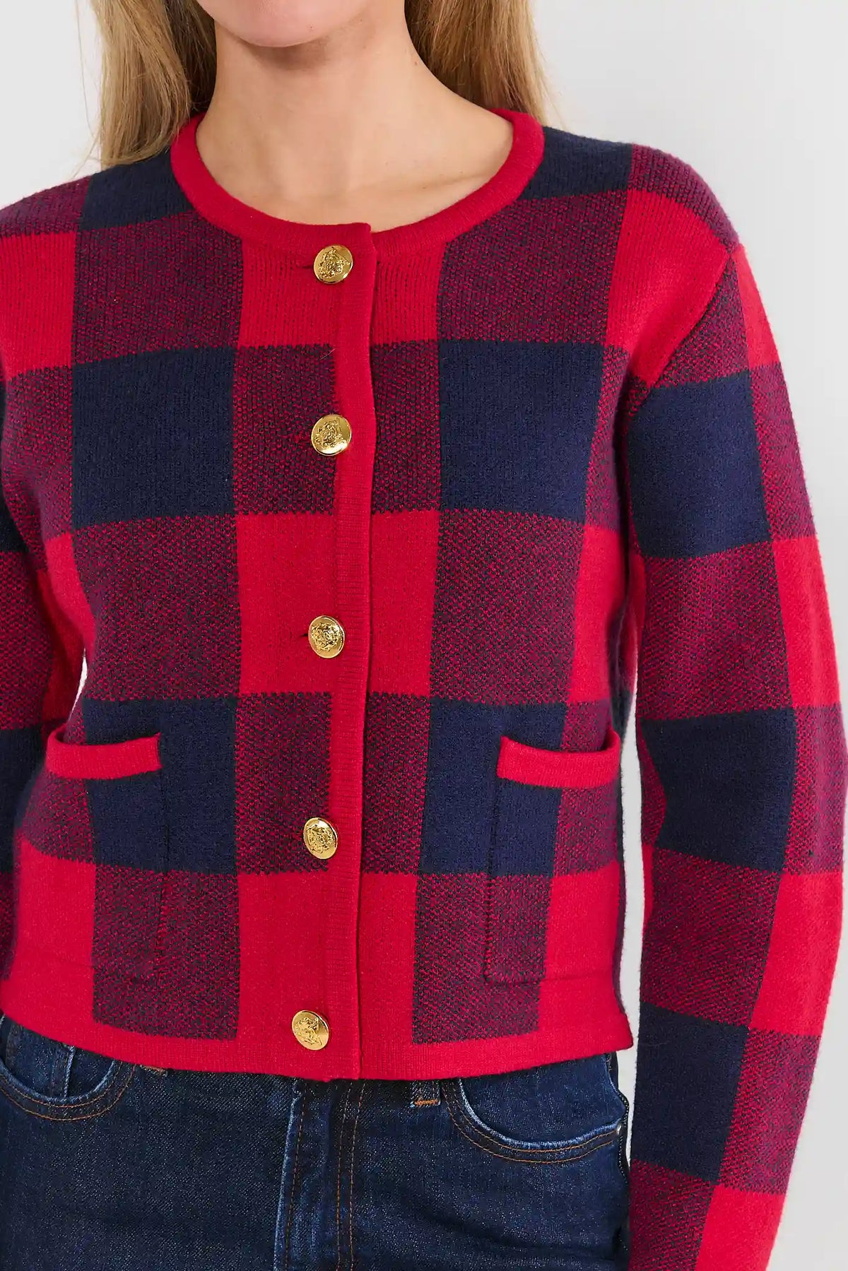Red Plaid Button Front Cardigan