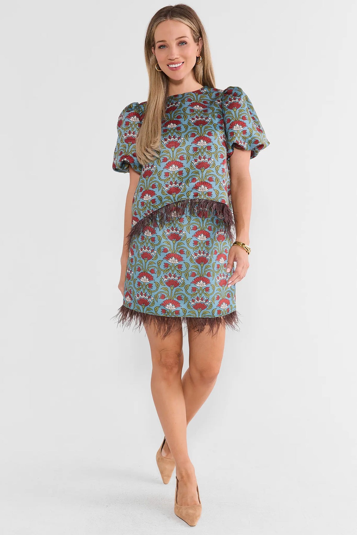 Blue Floral Printed Feather Trim Skirt