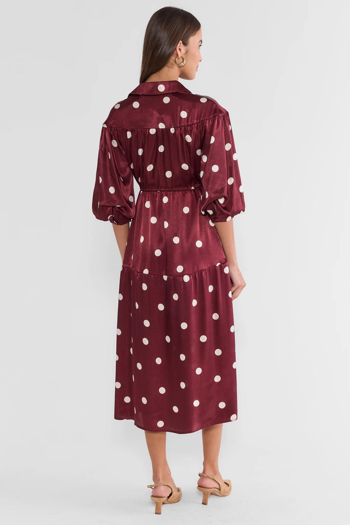 Burgundy Polka Dot Satin Midi Dress - Back View, Tiered Skirt & Puff Sleeves | Avara