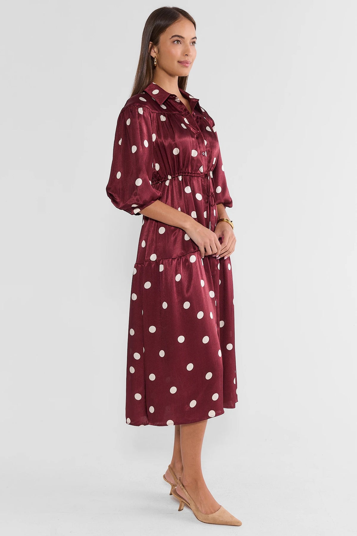 Burgundy Polka Dot Midi Dress for Women - Side Profile View, Midi Length | Avara