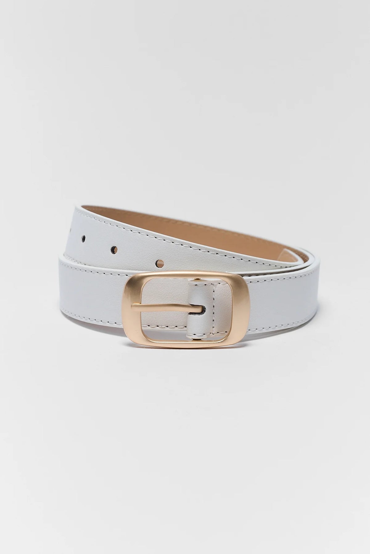 White faux leather belt with brushed gold buckle, coiled - white belt gold buckle | Avara