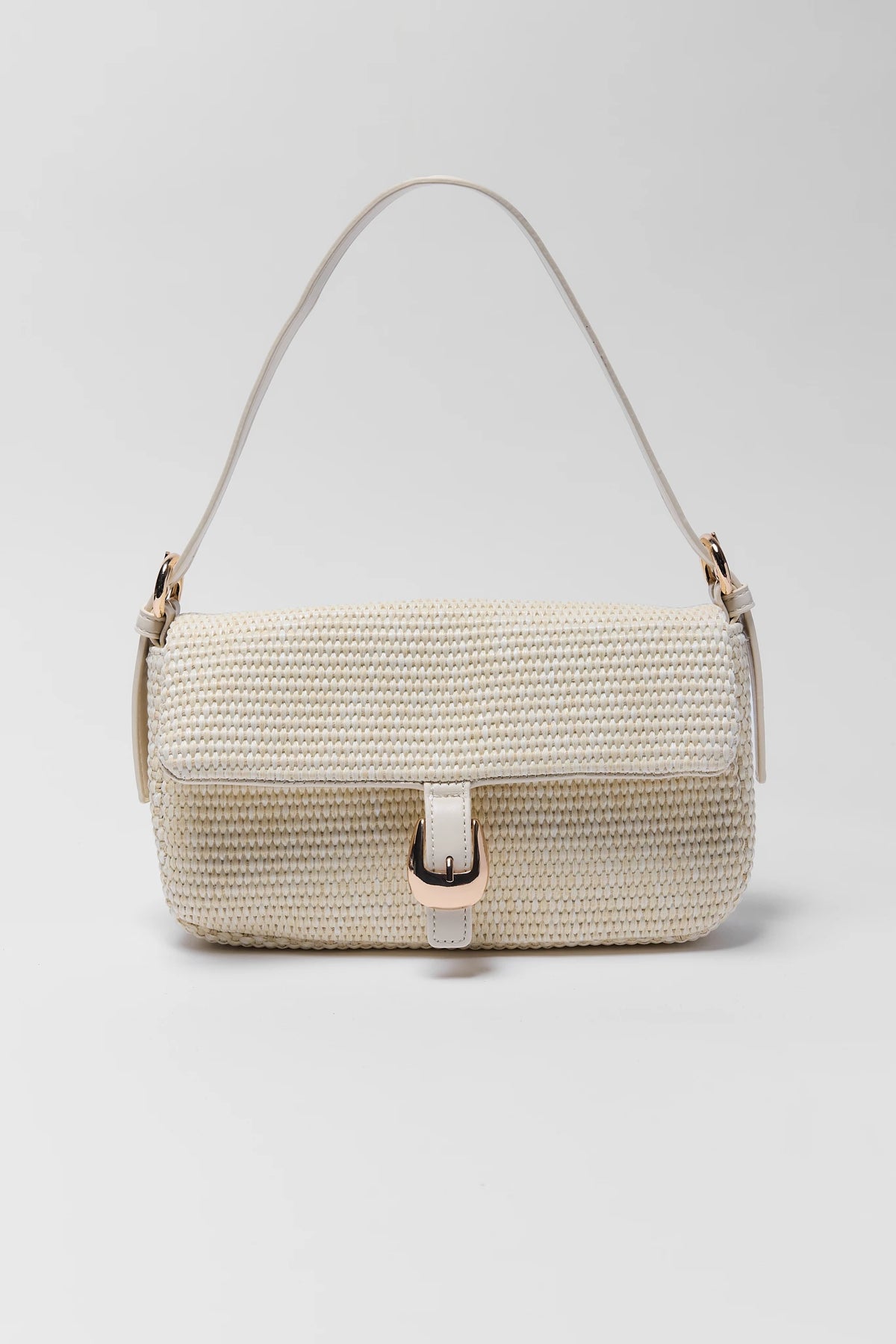 White Raffia Buckle Bag with gold-tone hardware and adjustable strap - Front View | Avara