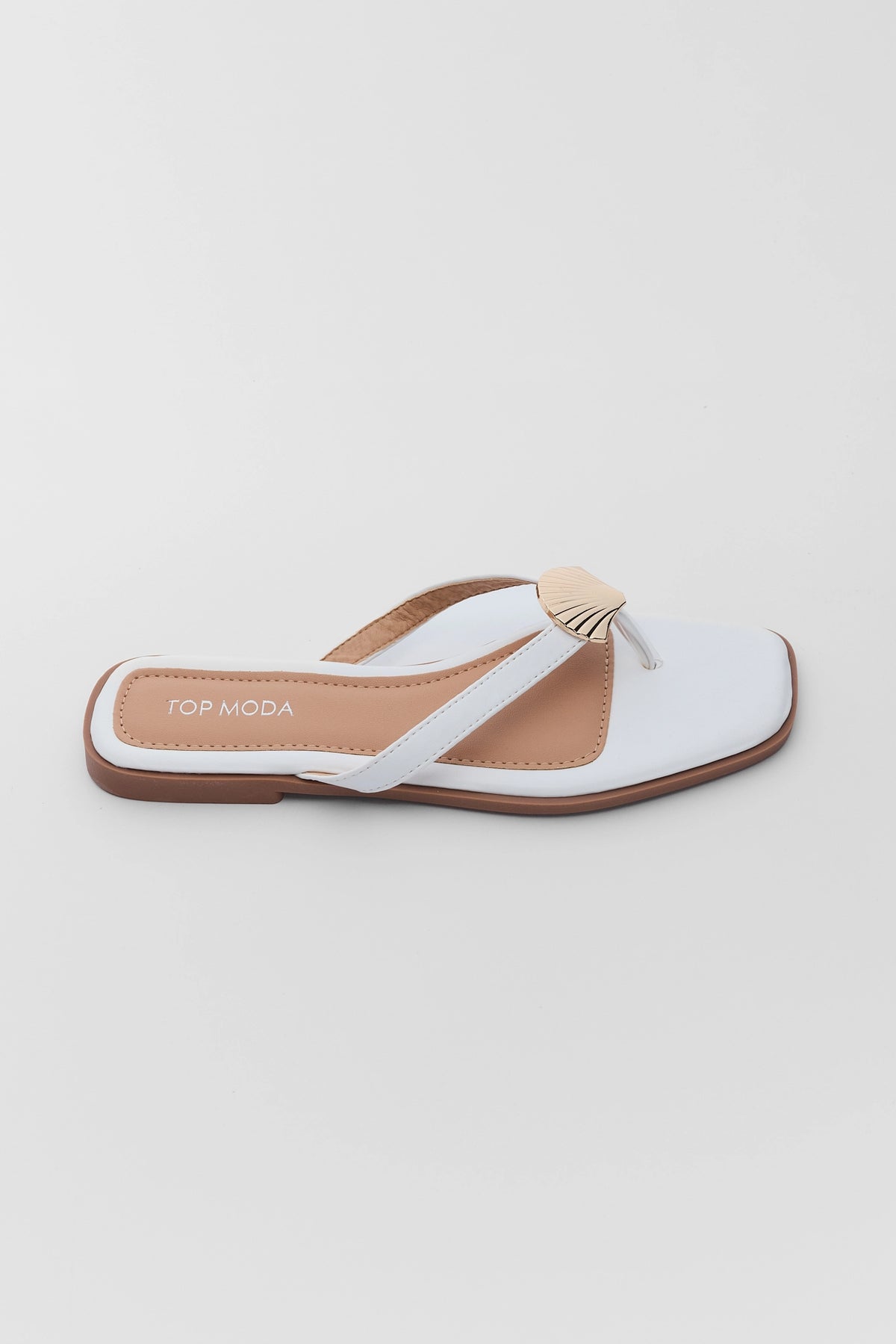 White shell sandal with gold seashell accent, square toe, and brown sole - Side Profile | Avara