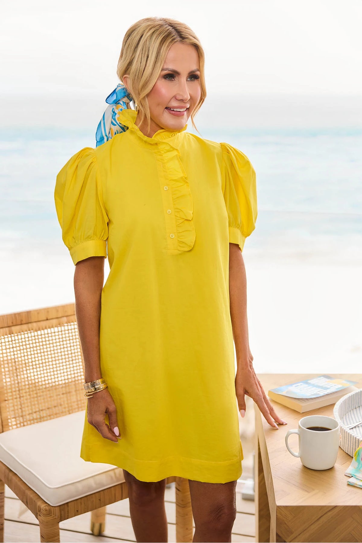 Yellow Puff Sleeve Short Dress styled at beach resort with scarf — Lifestyle Look | Avara