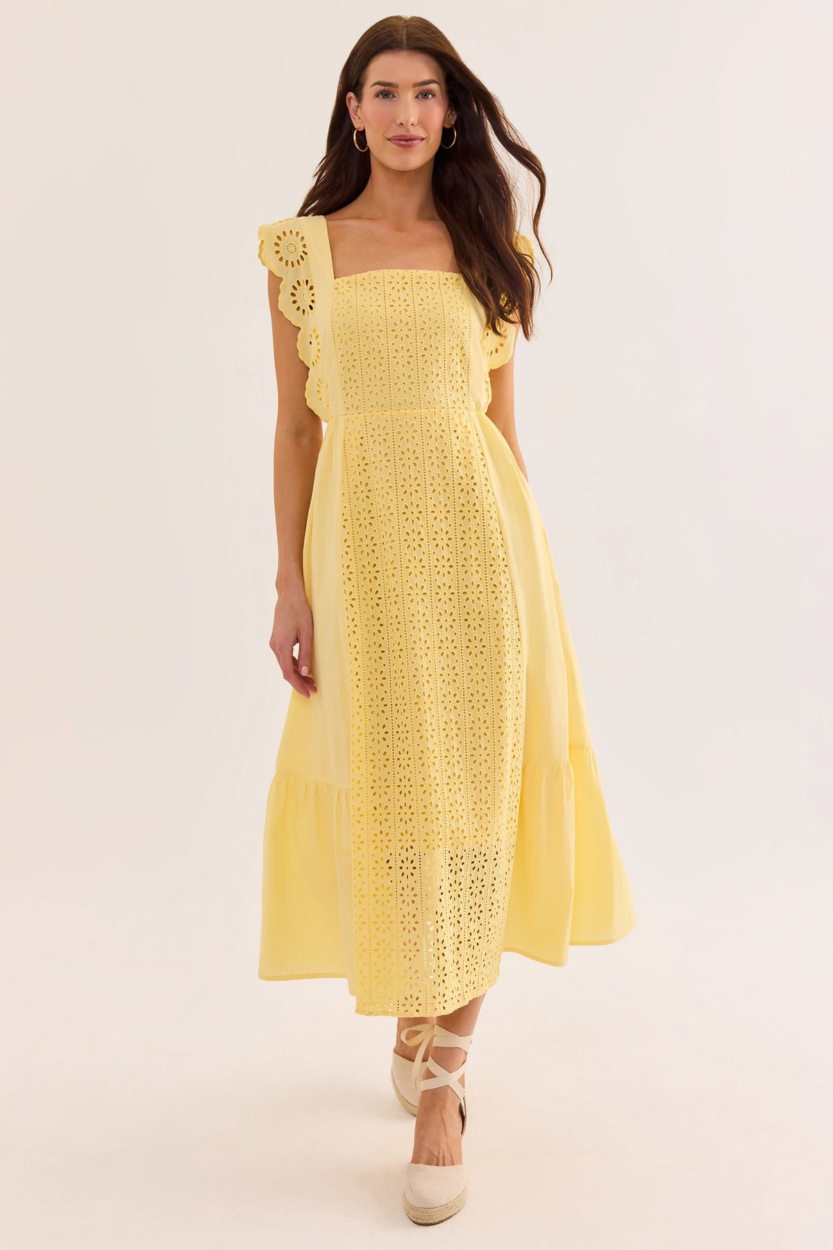 Yellow Eyelet Flutter Sleeve Midi Dress - Full Front View on Model with Wedges | Avara