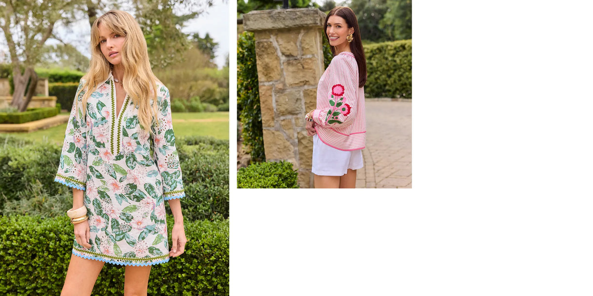 Two women wearing floral dresses in outdoor settings.