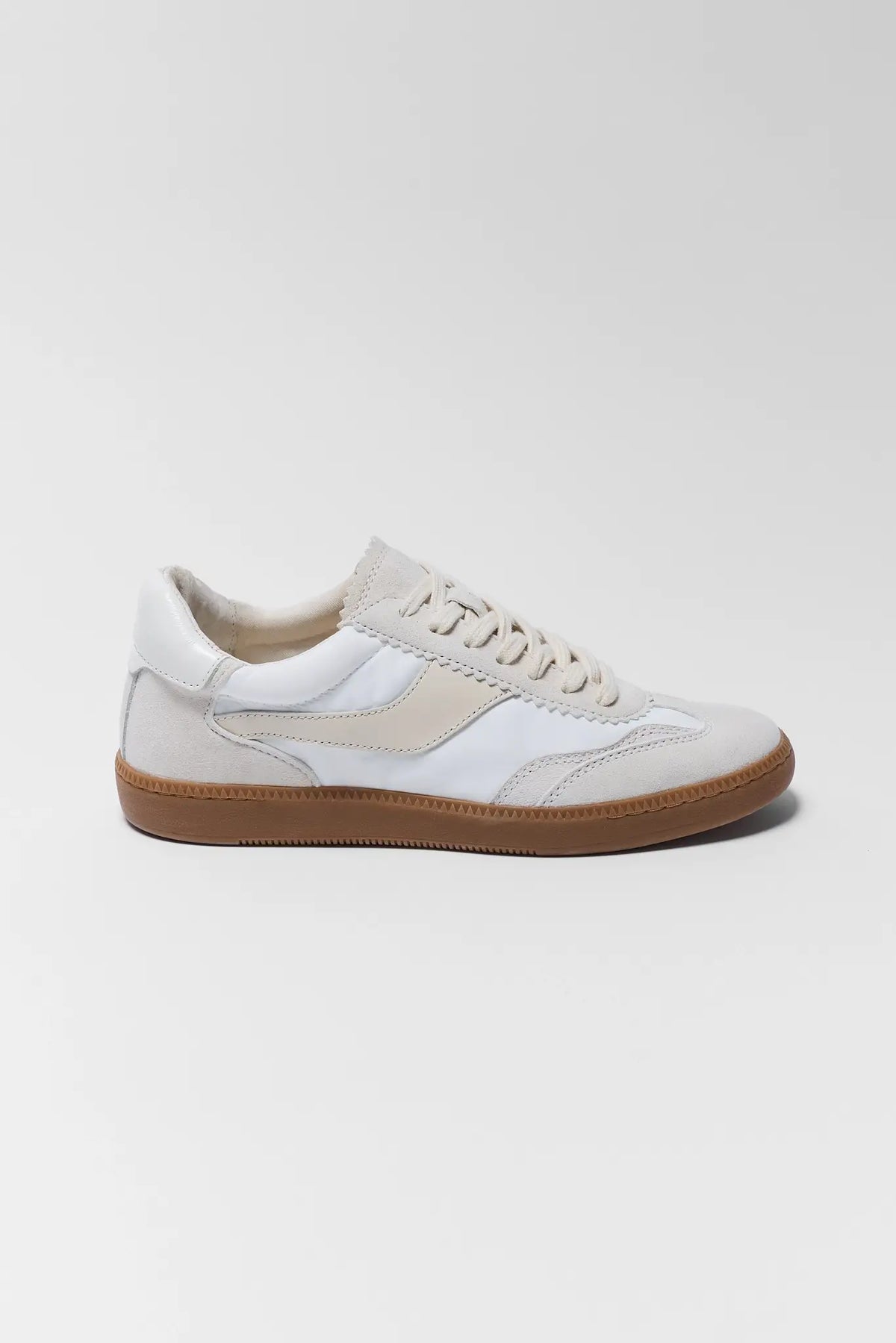 White Dolce Vita Notice Suede Sneaker with cream laces and gum sole - Side Profile | Avara