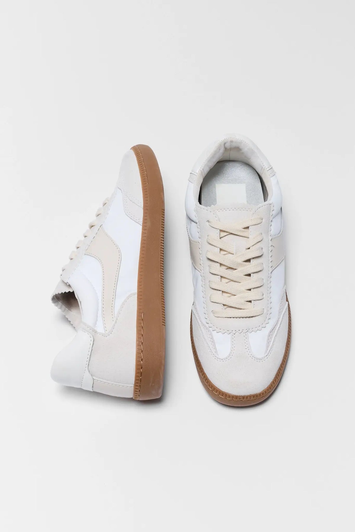 White Suede Dolce Vita Notice Sneakers with gum sole - Top & Side View | Avara
