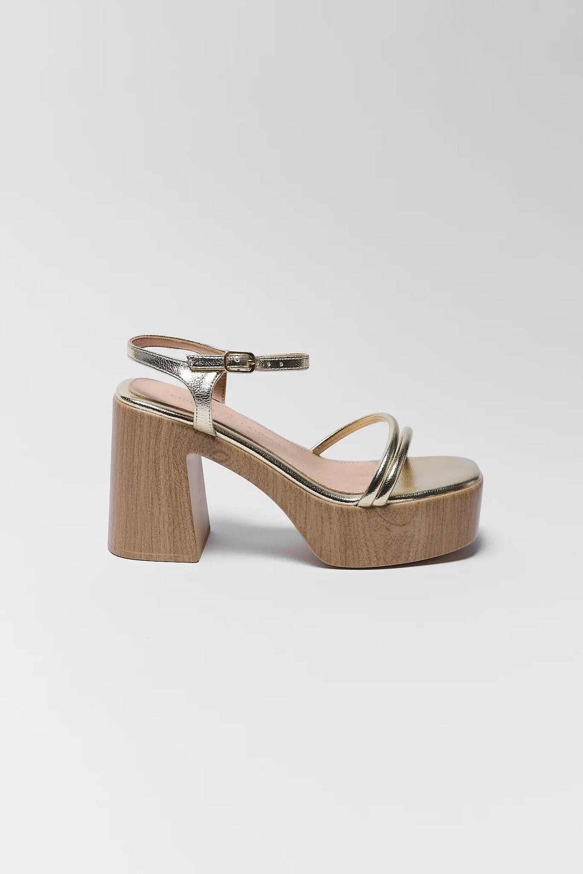 Gold Strappy Platform Sandal with wood-tone block heel, side profile view | Avara