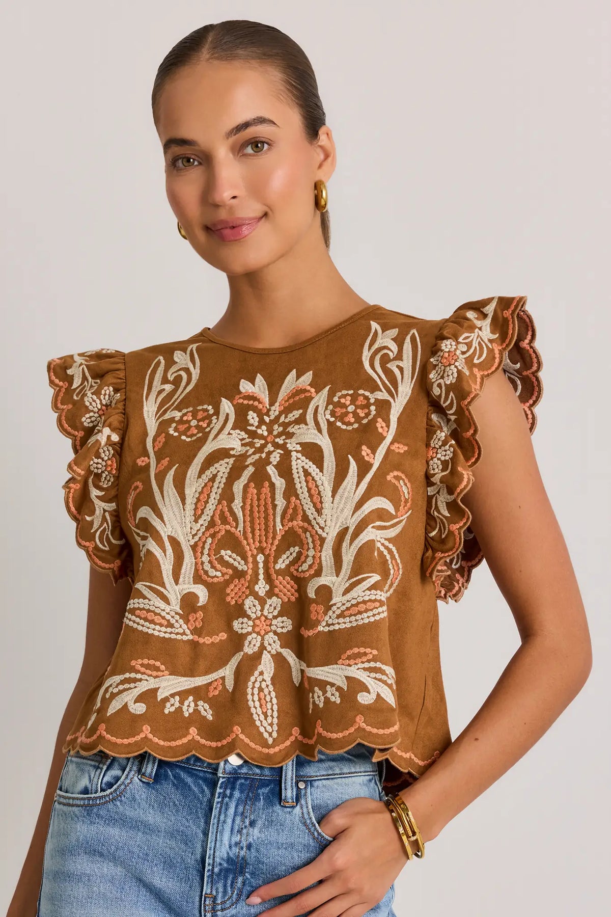 Brown Faux Suede Embroidered Flutter-Sleeve Top - Front View On Model with Scallop Hem | Avara