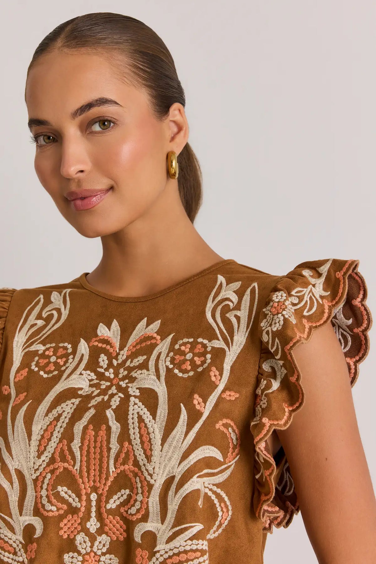 Brown THML Embroidered Blouse - Floral Embroidery & Scallop Ruffle Sleeve Close-Up Detail | Avara