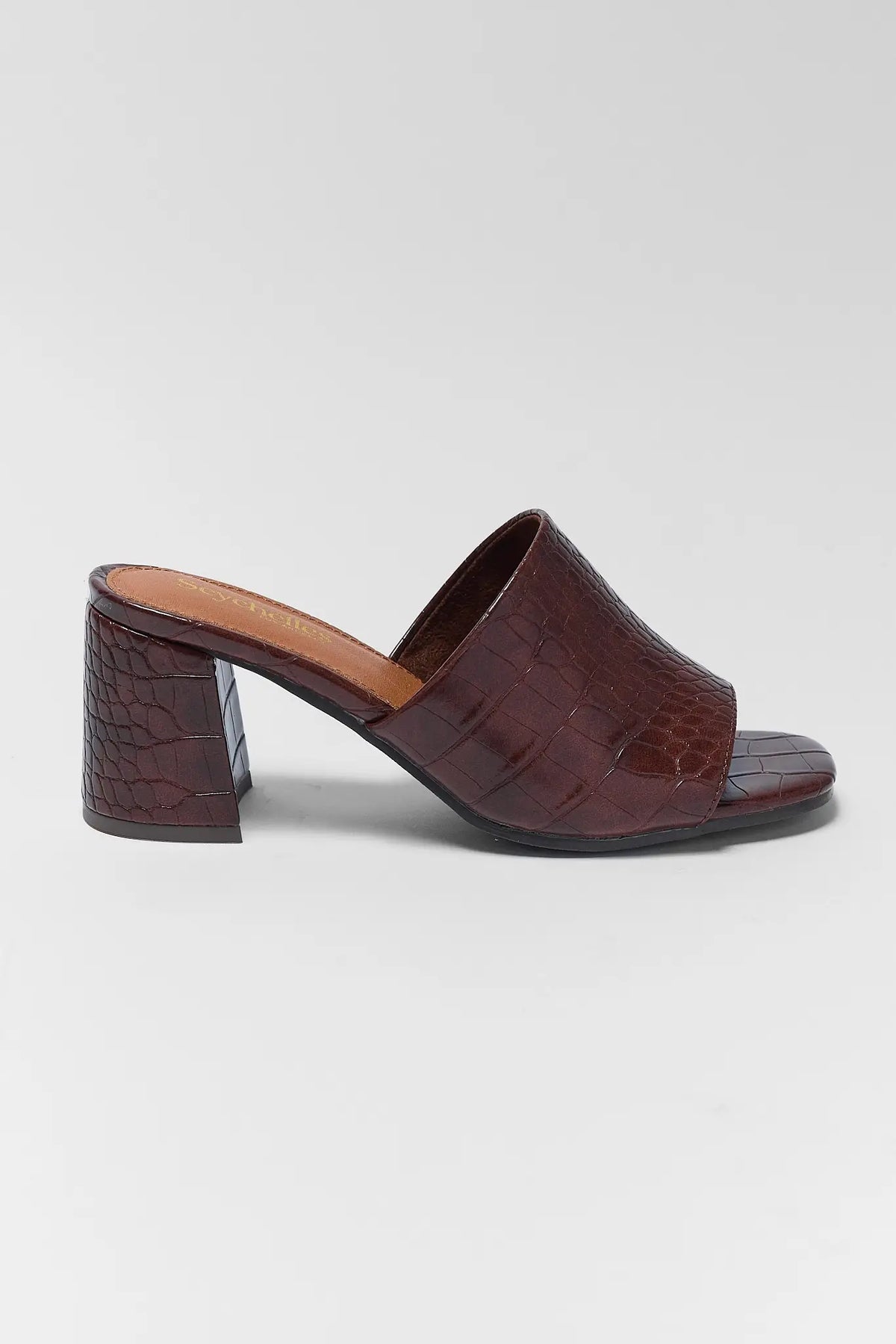 Brown Crocodile Embossed Slip-On Block Heel - Side Profile | Avara