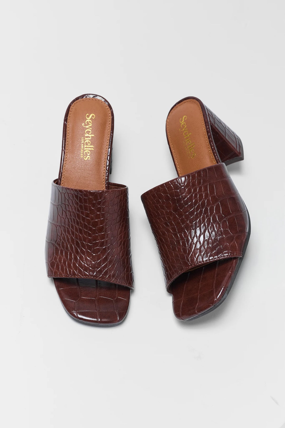 Brown Croc Leather Block Heel Mules - Top Down Flat Lay | Avara