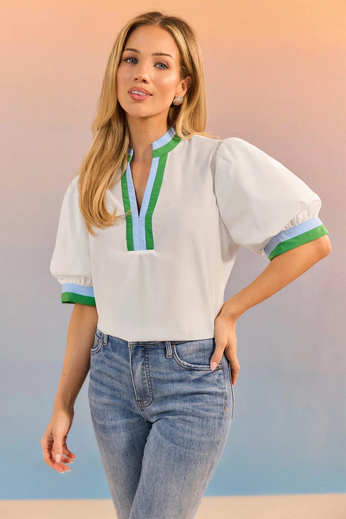 Adelaide White Puff Sleeve Top with contrast trim styled with denim - Lifestyle Shot | Avara