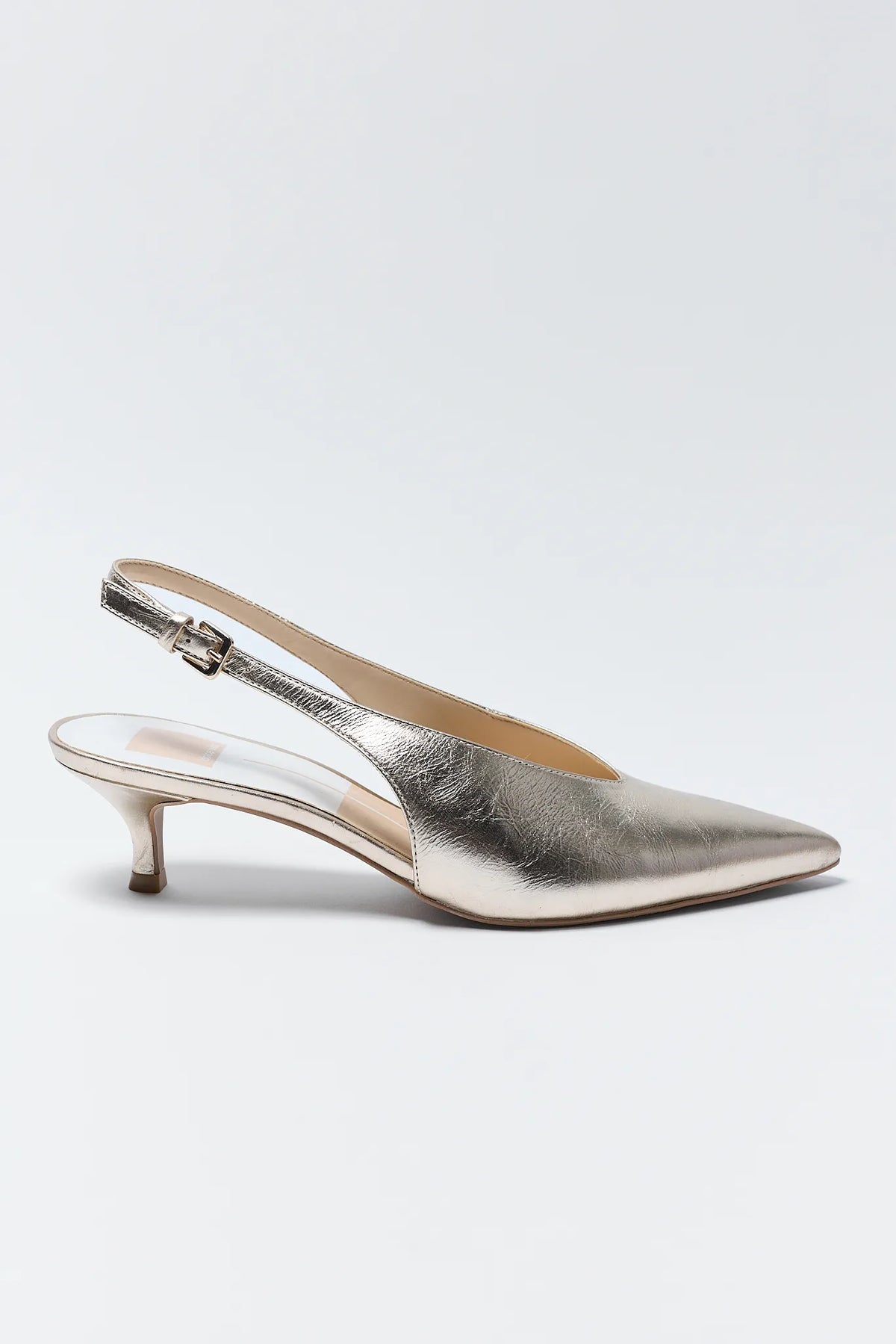 Alenna Gold Pointed Toe Kitten Heel Slingback by Dolce Vita - Side Profile | Avara