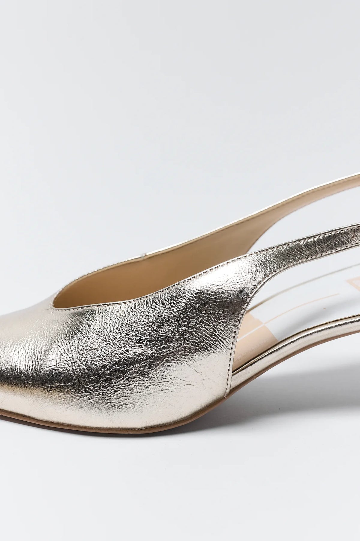 Alenna Gold Metallic Slingback Kitten Heel - Close-Up Heel & Toe Detail | Avara