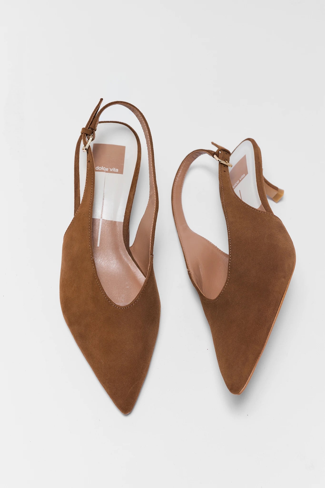 Brown Suede Pointed Toe Kitten Heel Slingbacks - Top View | Avara