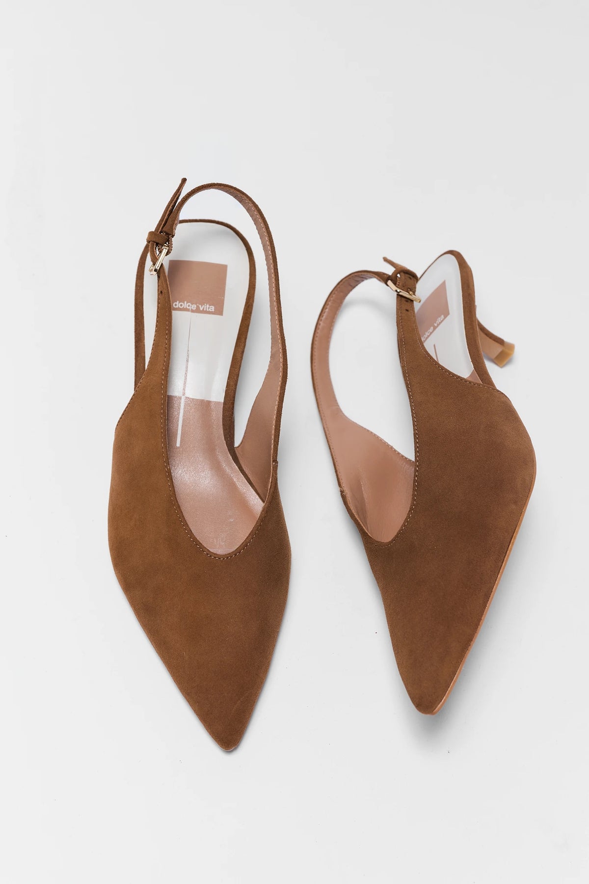 Brown Suede Pointed Toe Kitten Heel Slingbacks - Top View | Avara