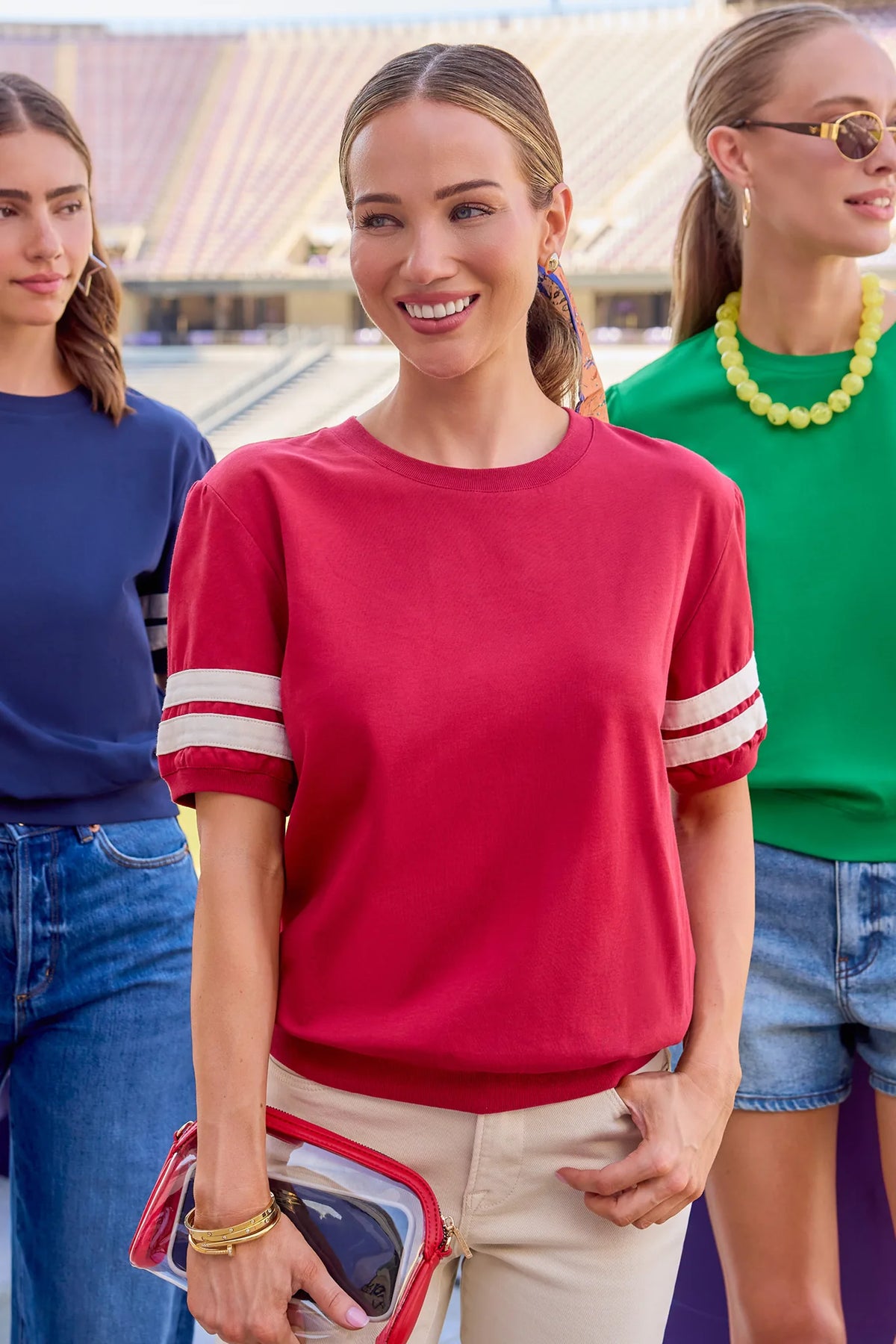 Alice Burgundy Striped Sleeve Tee styled for game day at stadium, women's varsity top | Avara