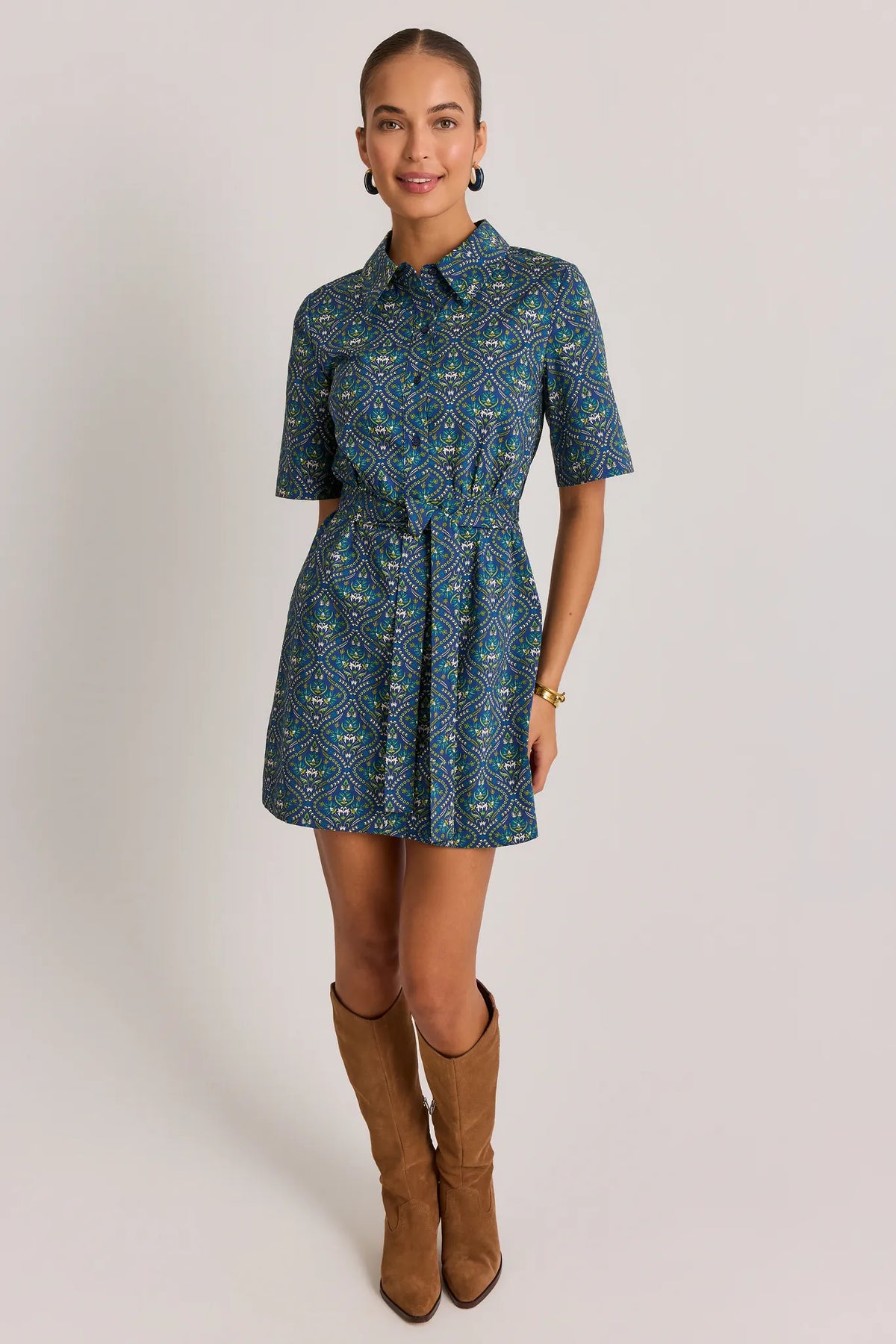 Navy Blue Floral Printed Short Shirtdress - Full Front View with Knee Boots, Belted Waist | Avara