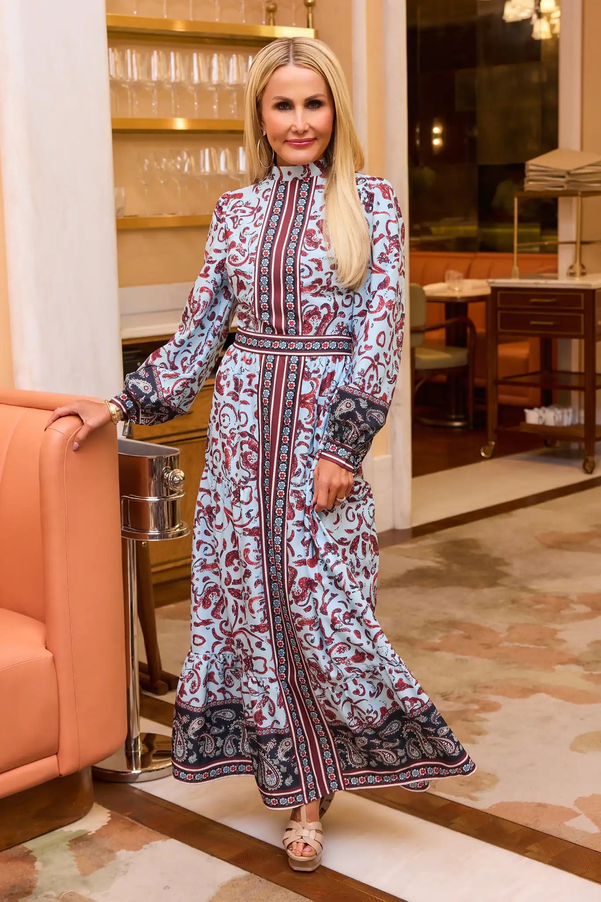 Blue Paisley Printed Maxi Dress - Lifestyle Front View, On Model | Avara