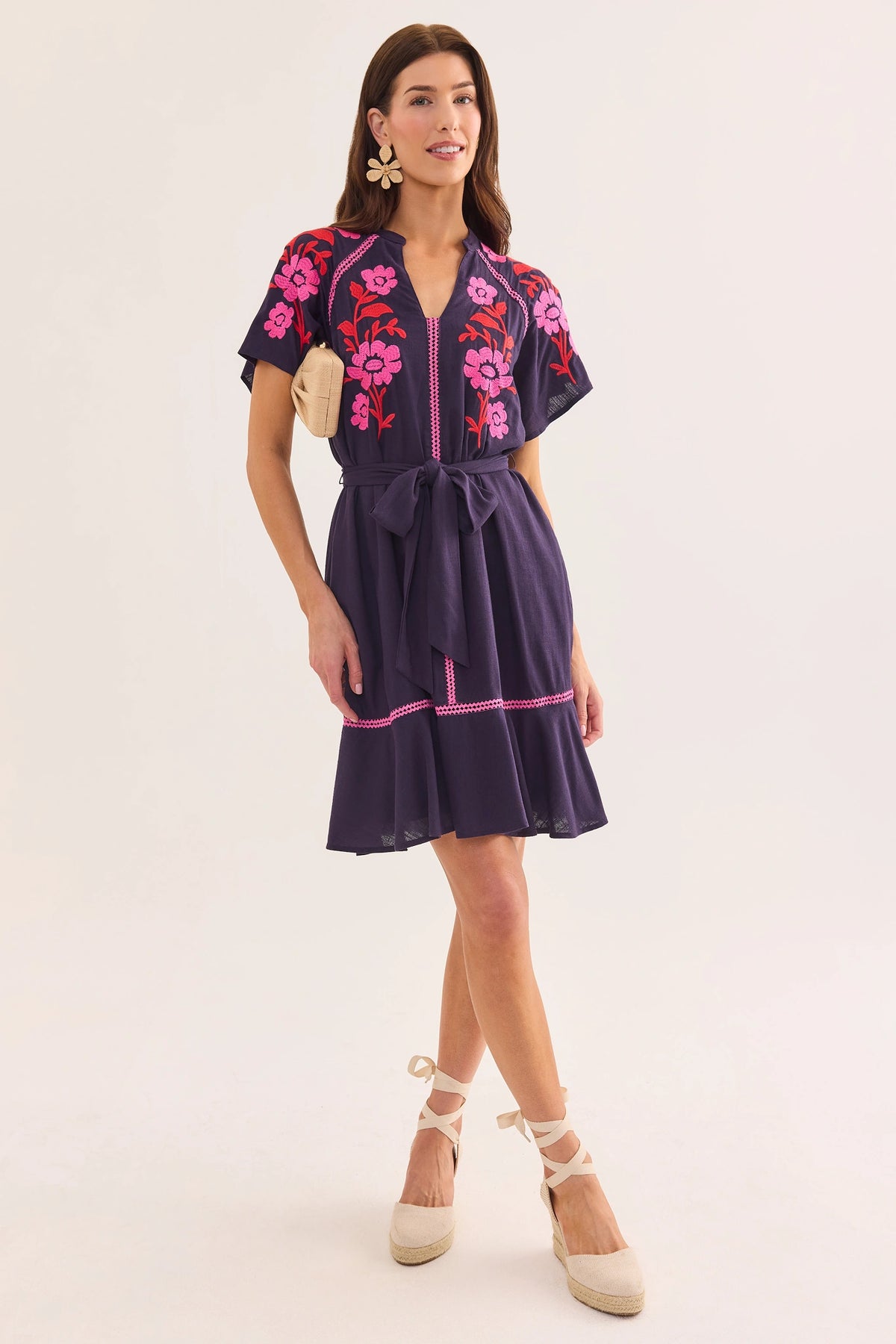 Ana Plum Floral Embroidered Short Dress - Full Front On Model, Styled with Wedges | Avara