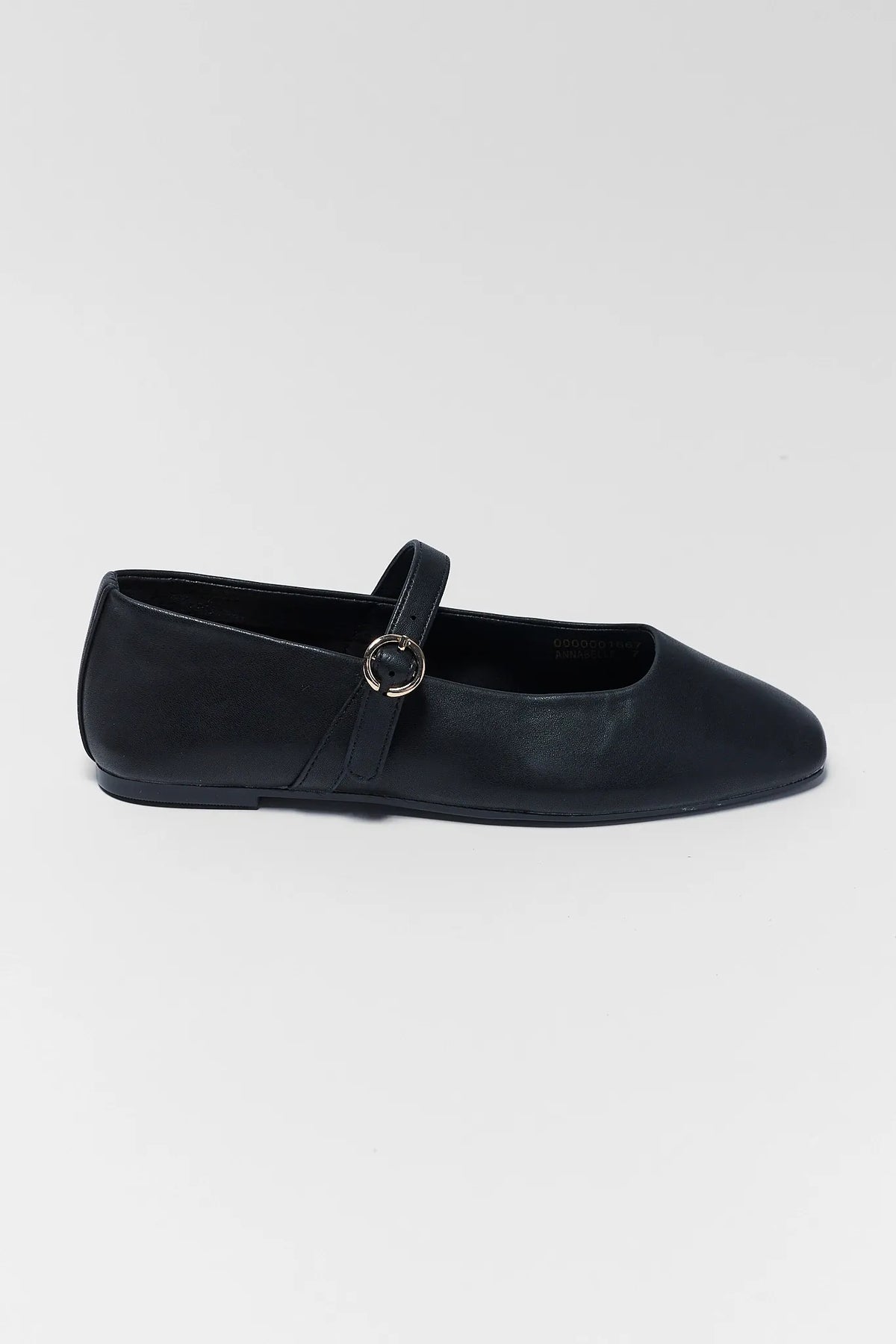 Black Faux Leather Women's Flats - Side Profile, Adjustable Strap & Gold Buckle | Avara