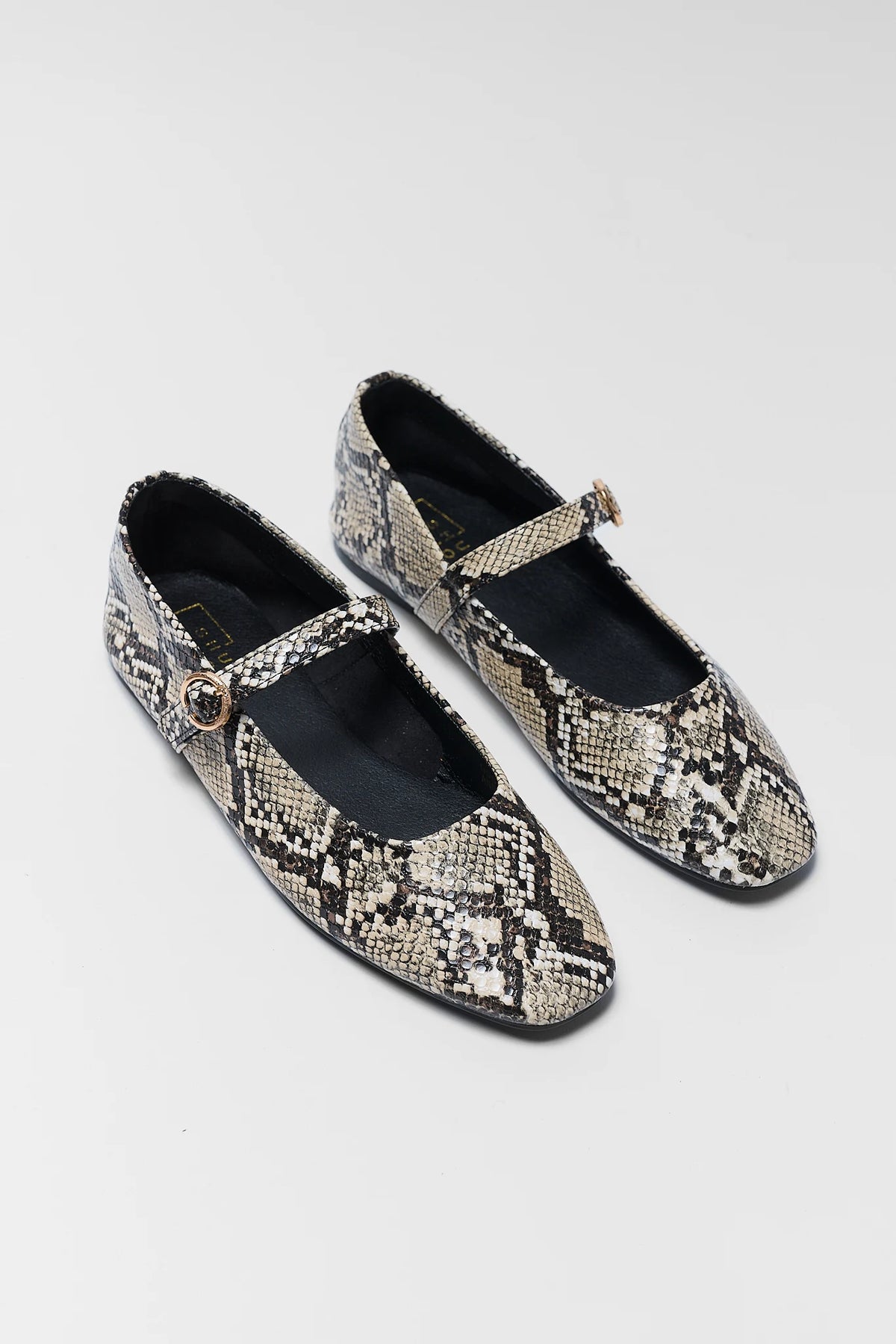Tan Snake Print Faux Leather Mary Jane Flats - Angled Pair View | Avara