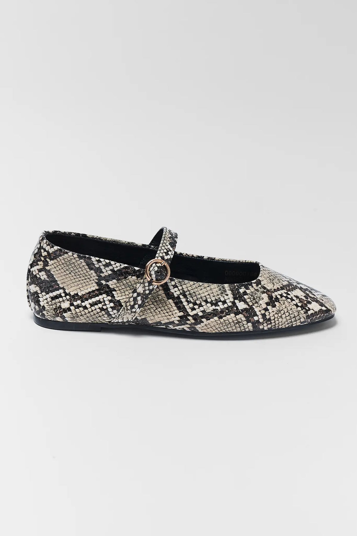 Tan Snake Print Faux Leather Mary Jane Flat - Side Profile with Gold Buckle | Avara