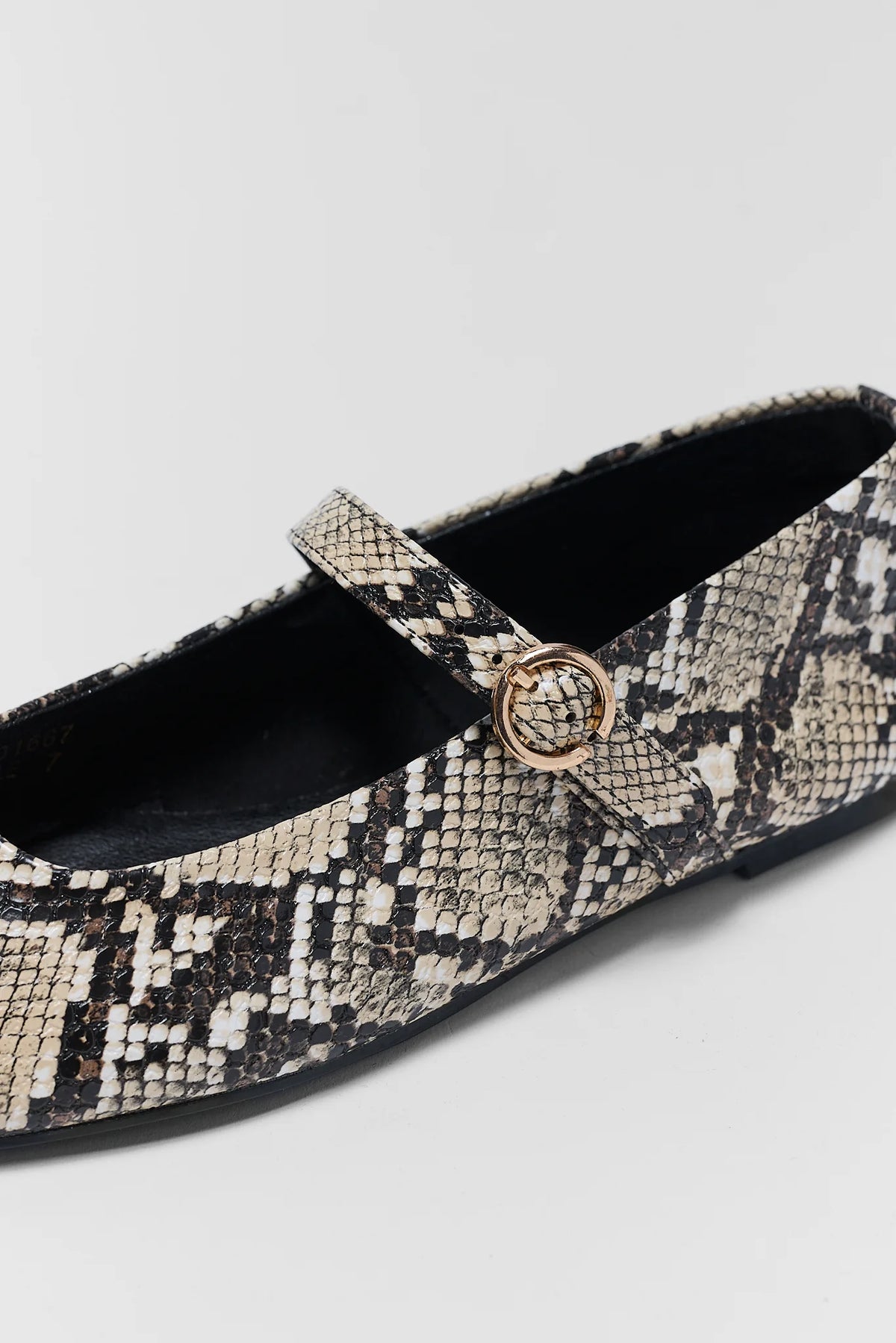 Snake Print Faux Leather Flat - Close-Up Gold Buckle Strap Detail | Avara