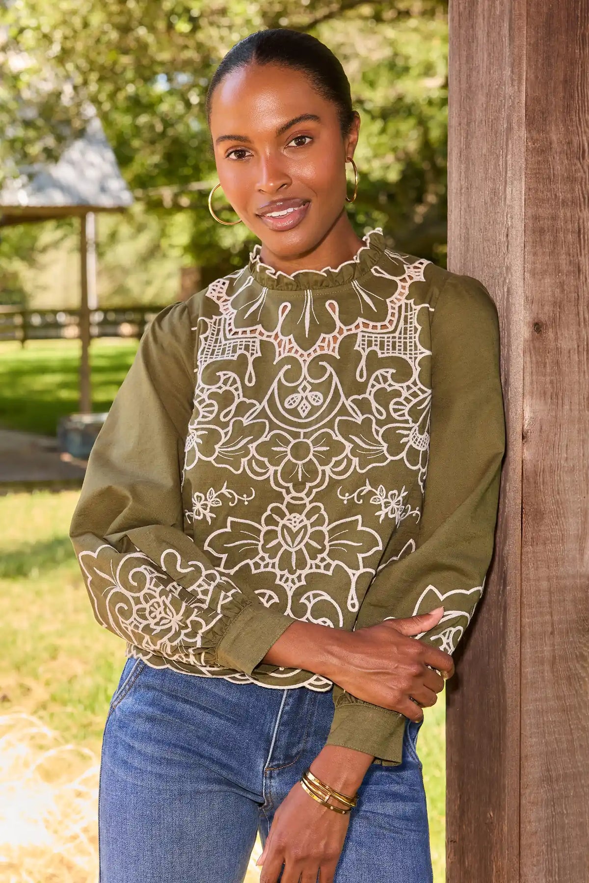 Olive Green Eyelet Long Sleeve Top - On Model Lifestyle Front View | Avara