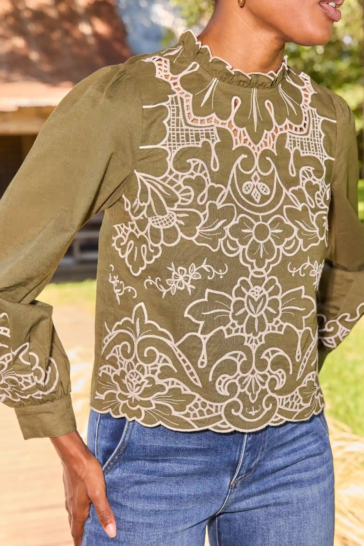 Olive Green Eyelet Top - Close-Up Embroidery & Scallop Hem Detail | Avara