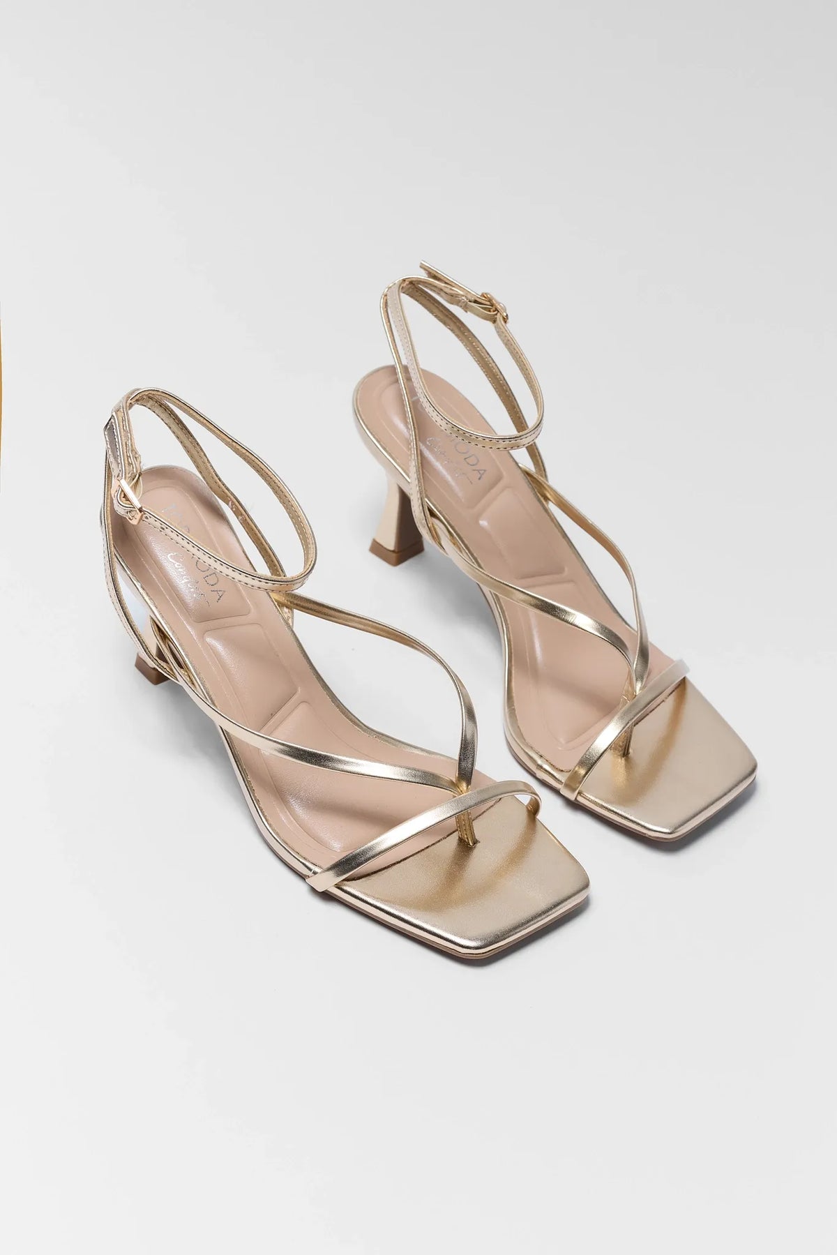 Ashton Gold Strappy Square Toe Heels - Pair Angled View, Gold Metallic Strappy Mid Heels | Avara