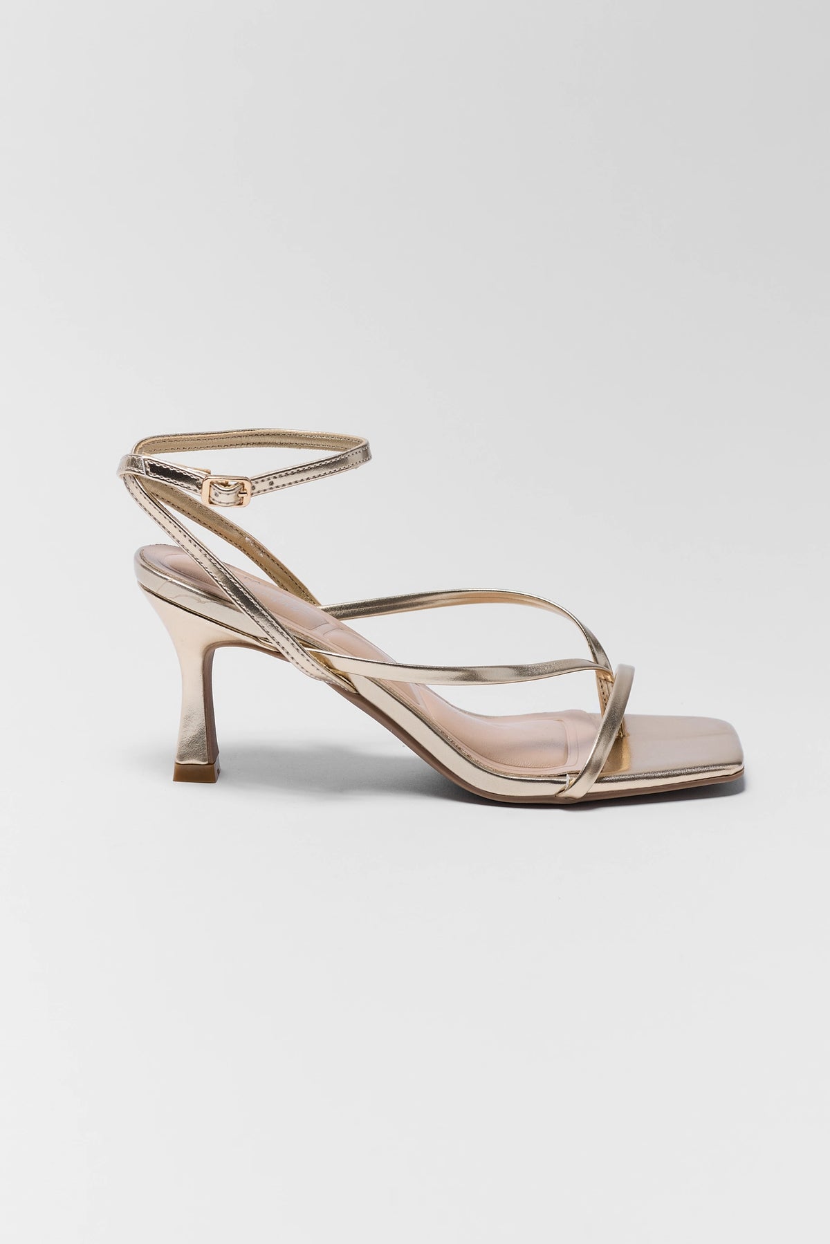 Ashton Gold Strappy Square Toe Heels - Side Profile, Gold Metallic Ankle Strap Heel | Avara