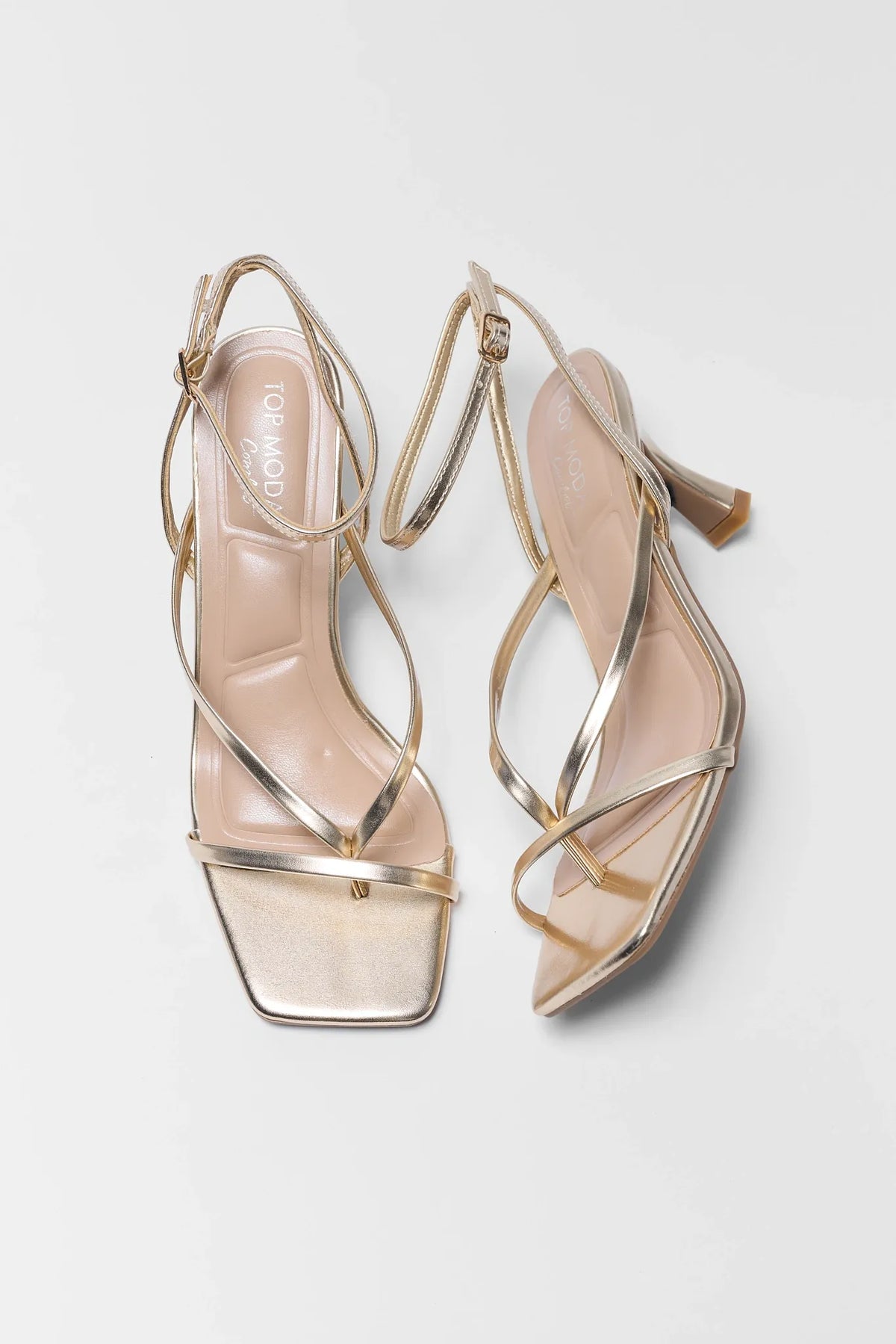 Ashton Gold Strappy Square Toe Heels - Top Flat Lay View, Metallic Kitten Heel Sandals | Avara