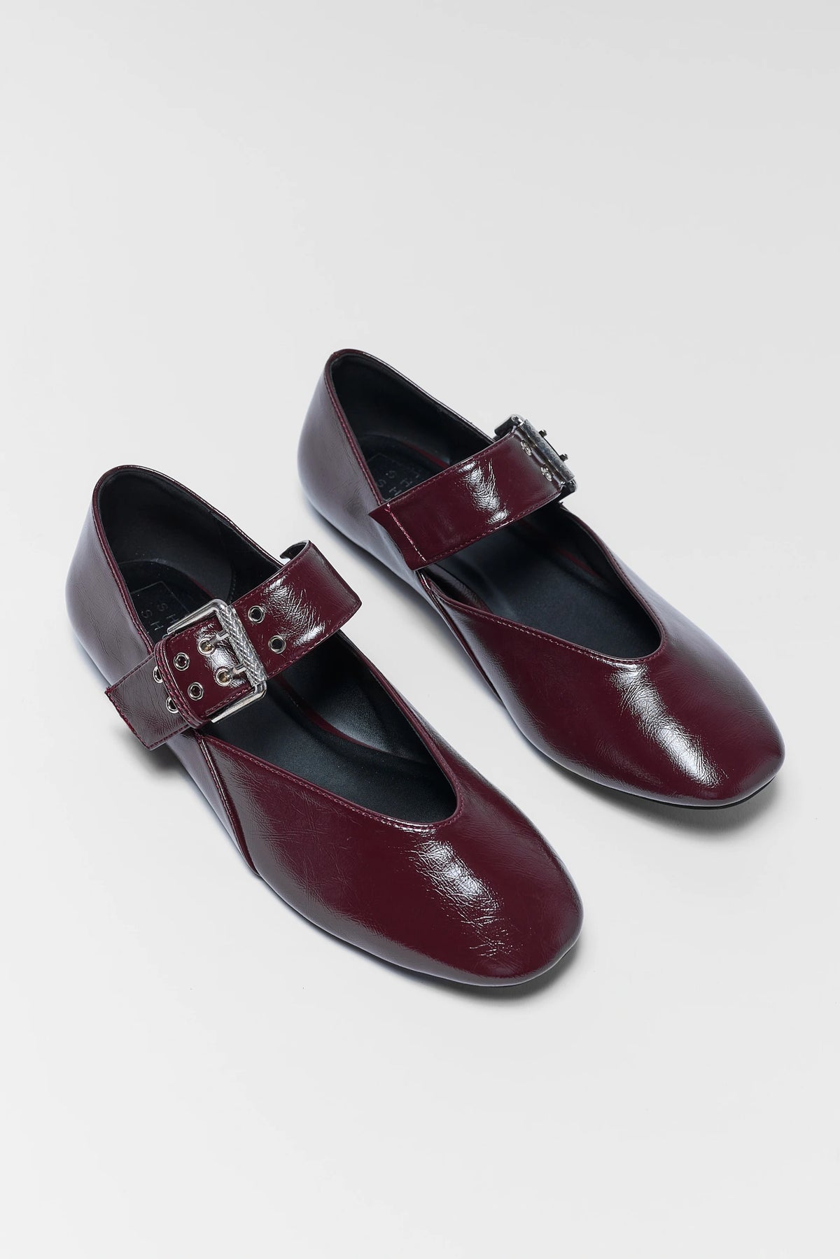 Aspen Maroon Faux Leather Mary Jane Flats pair with silver buckle strap - Angled Top View | Avara