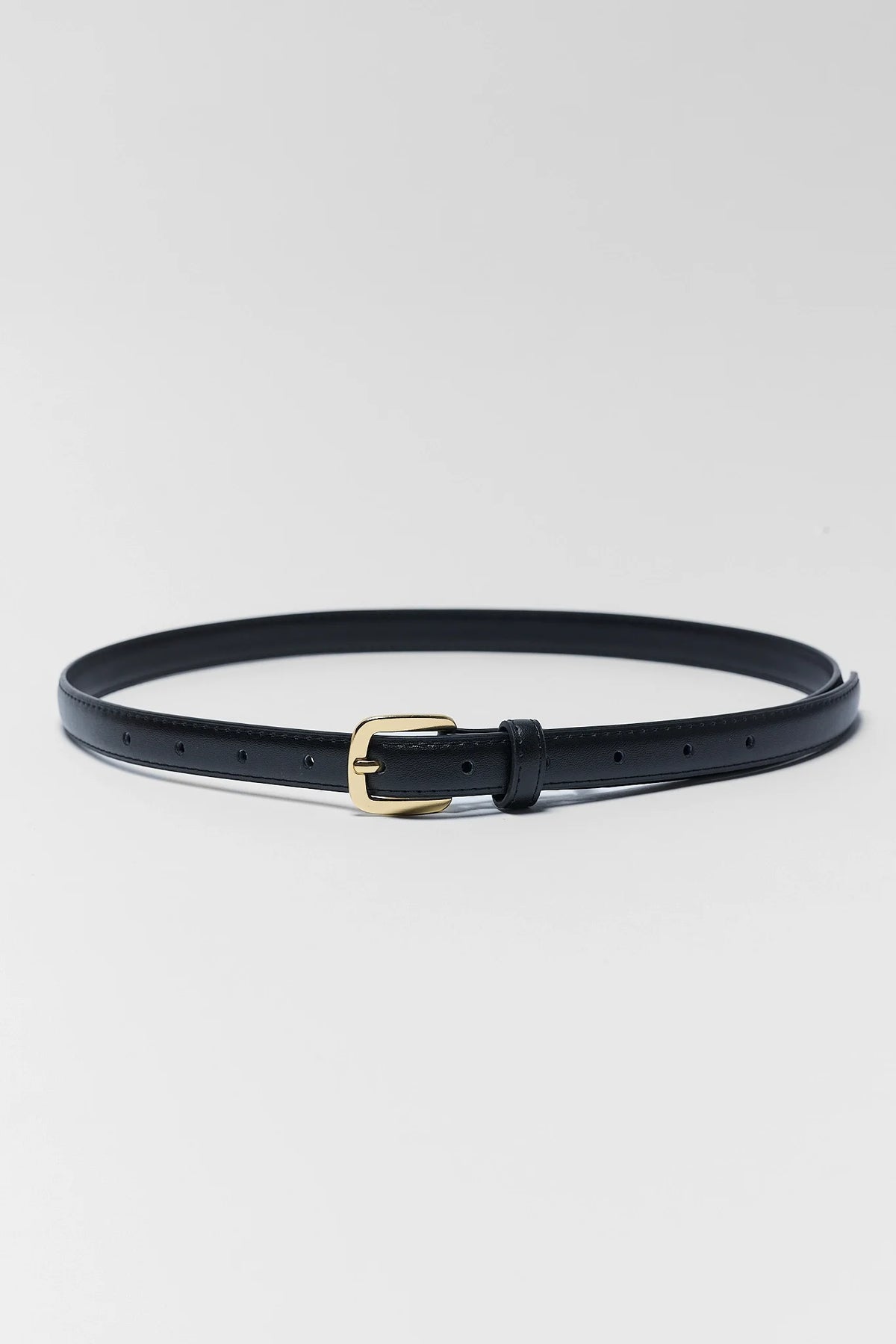 Slim black faux leather women's belt with gold-tone buckle, laid flat - Full Length View | Avara