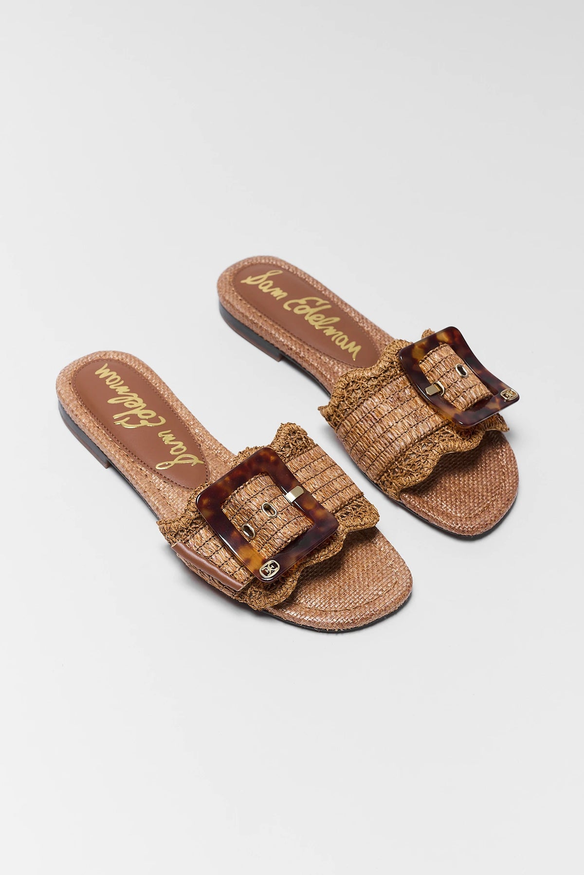 Sam Edelman Bambi Tan Woven Buckle Sandals - Front Angle Pair View | Avara