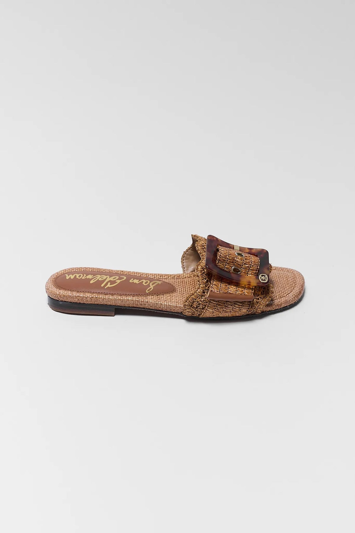 Sam Edelman Bambi Tan Raffia Buckle Slide Sandal - Side Profile View | Avara