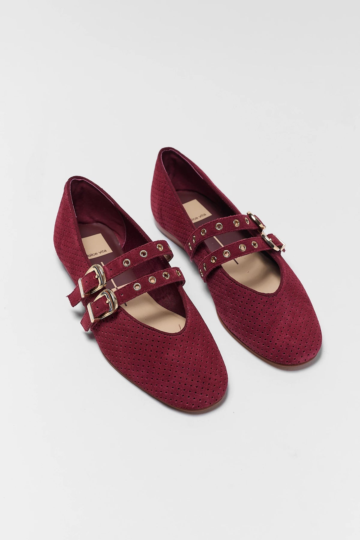 Burgundy Suede Ballet Flats Pair - Flat Lay, Double Buckle Grommet Straps | Avara