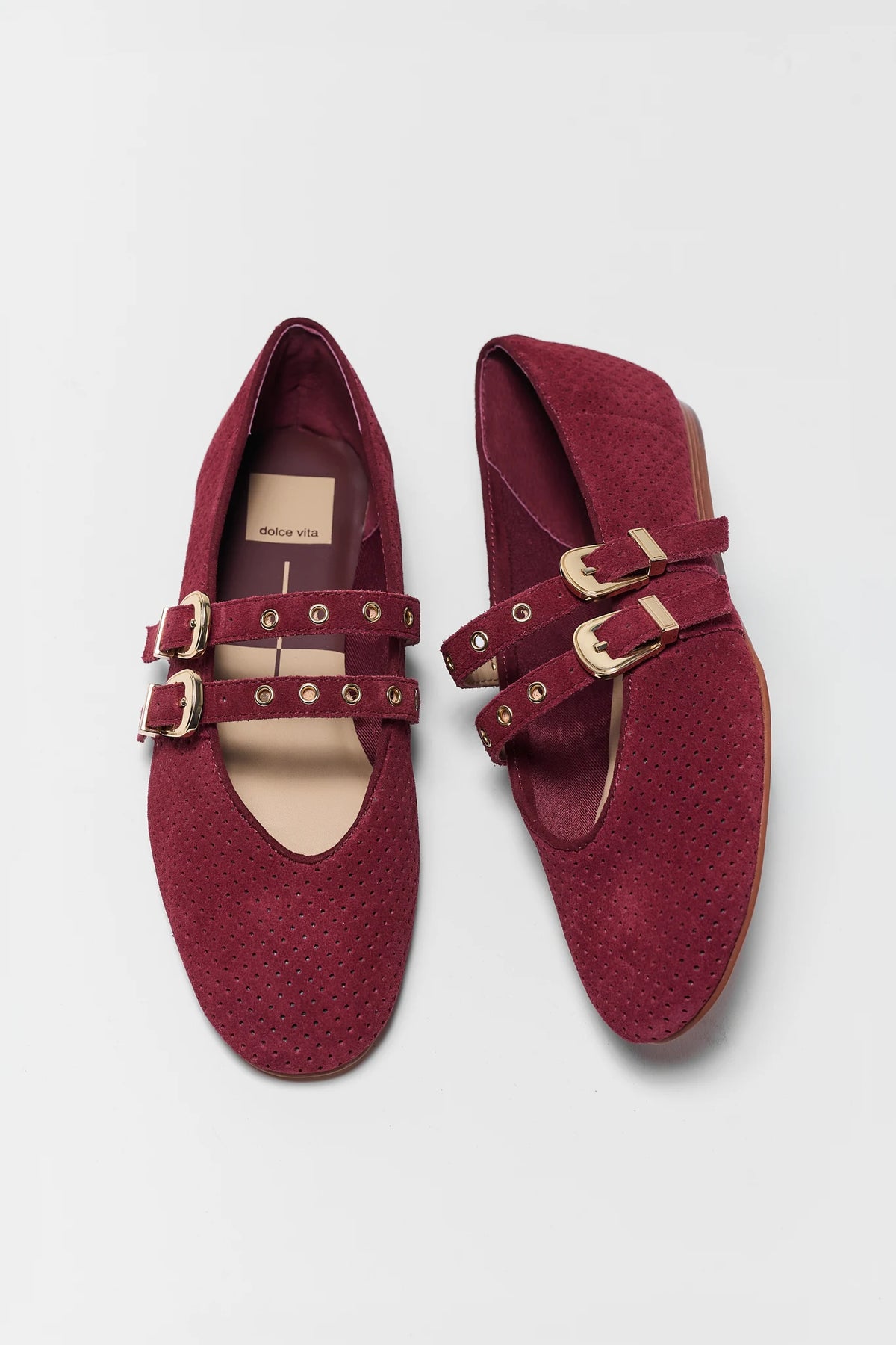 Burgundy Perforated Suede Ballet Flats - Top View, Double Gold Buckle Straps | Avara