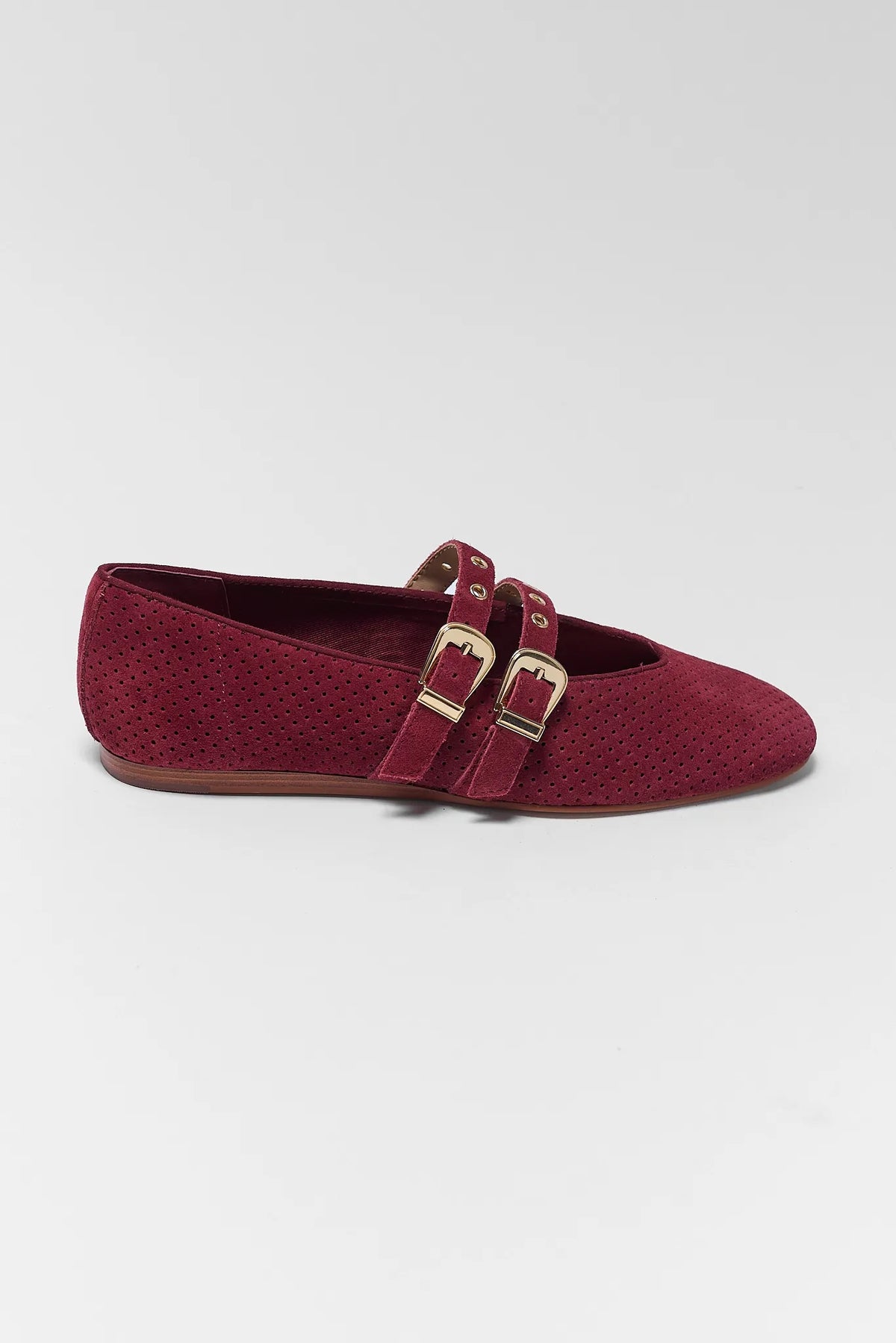 Burgundy Suede Grommet Ballet Flats - Side Profile, Gold Double Buckle Straps | Avara
