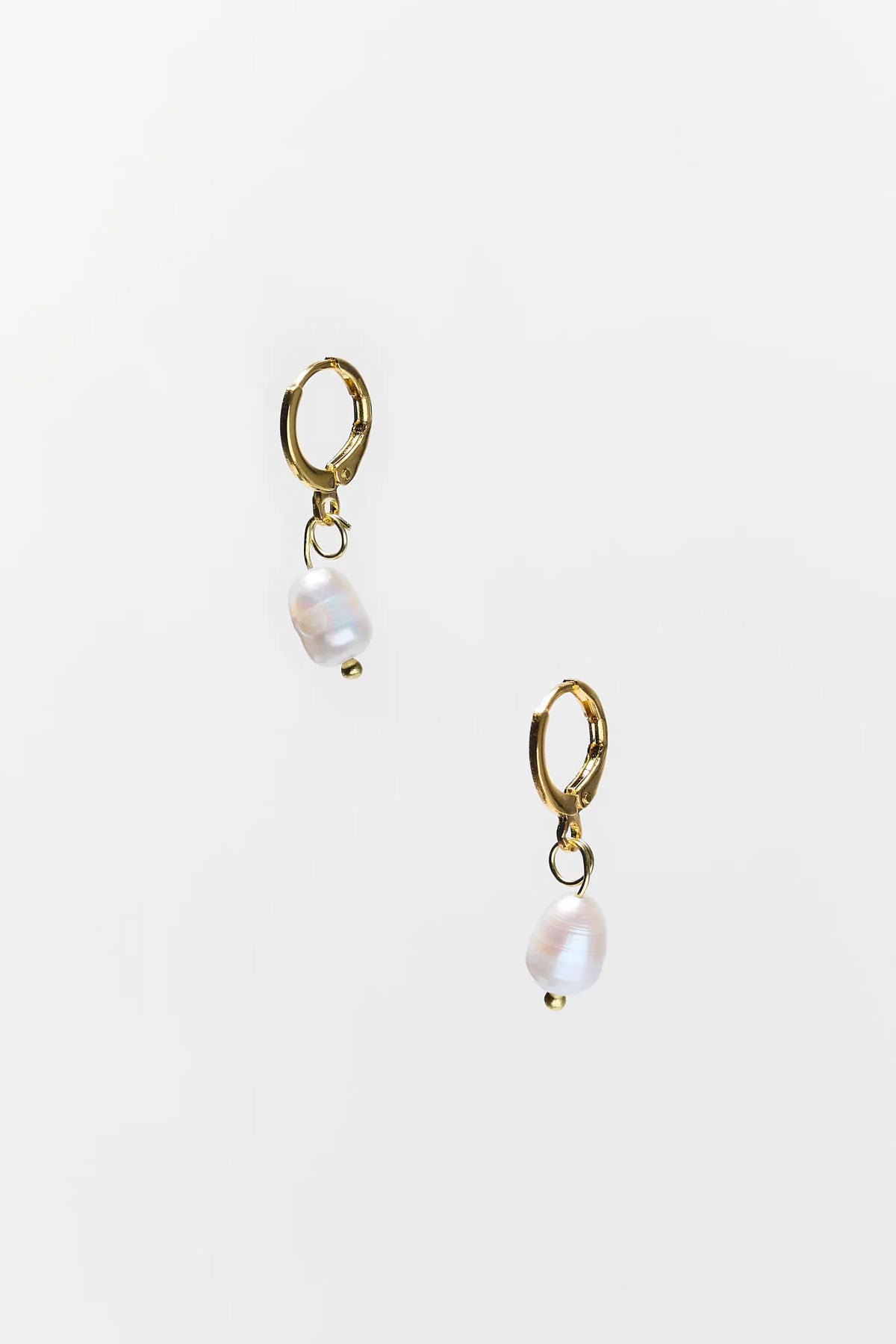 Gold Pearl Drop Earrings - Product Flat Lay, Hinge Back Detail | Avara