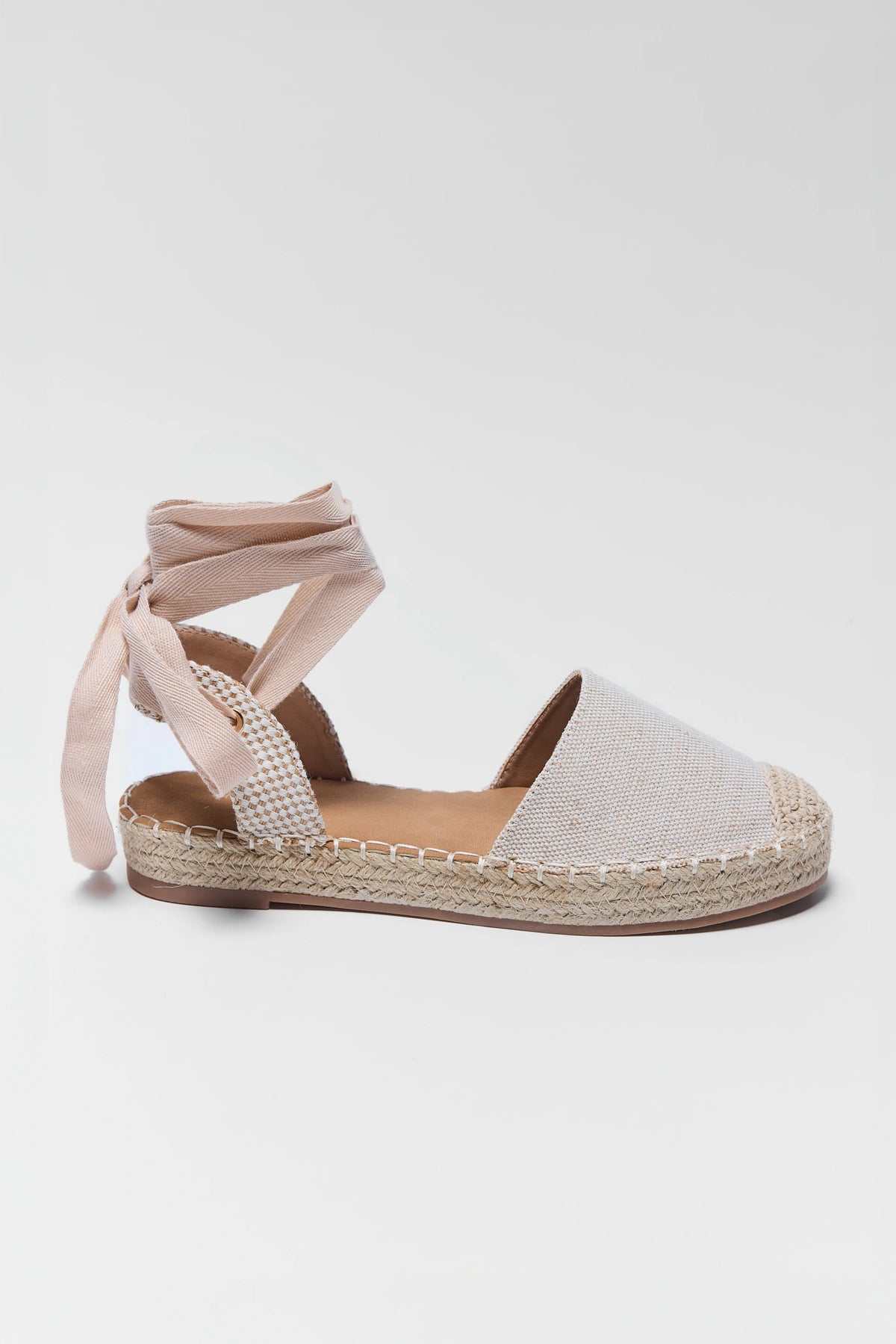 Beige Canvas Wrap-Up Espadrille Wedge - Side Profile with Ankle Tie | Avara