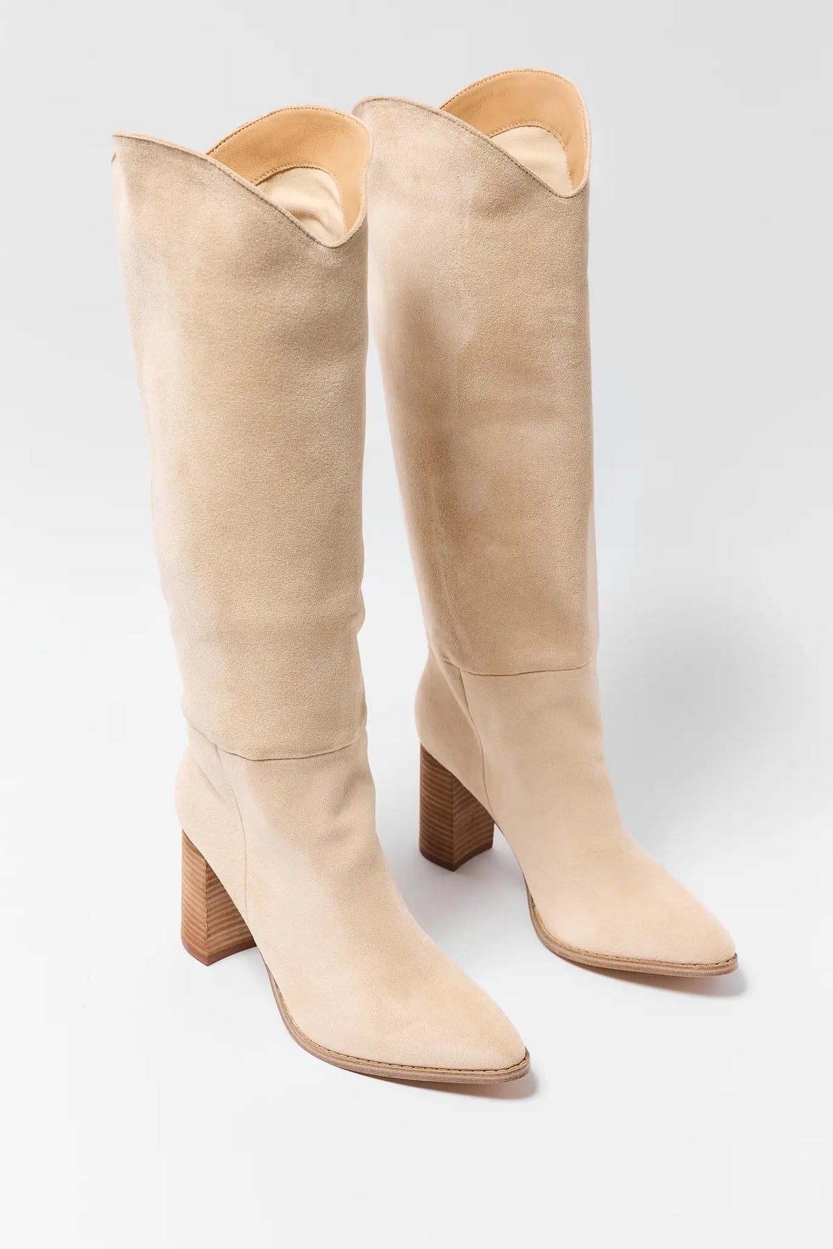 Beige Faux Suede Tall Boots - Front Pair View, Tall Shaft | Avara